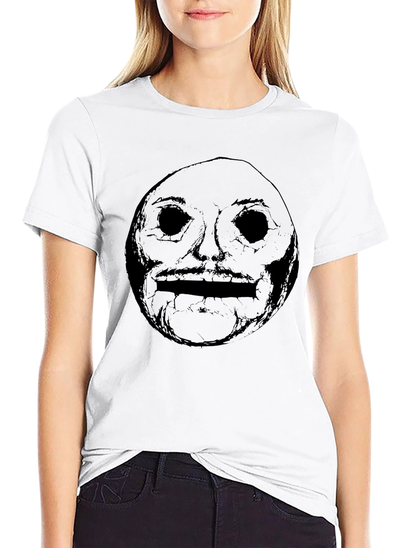 Mens Black Graphic Tee - Creepy Face Design