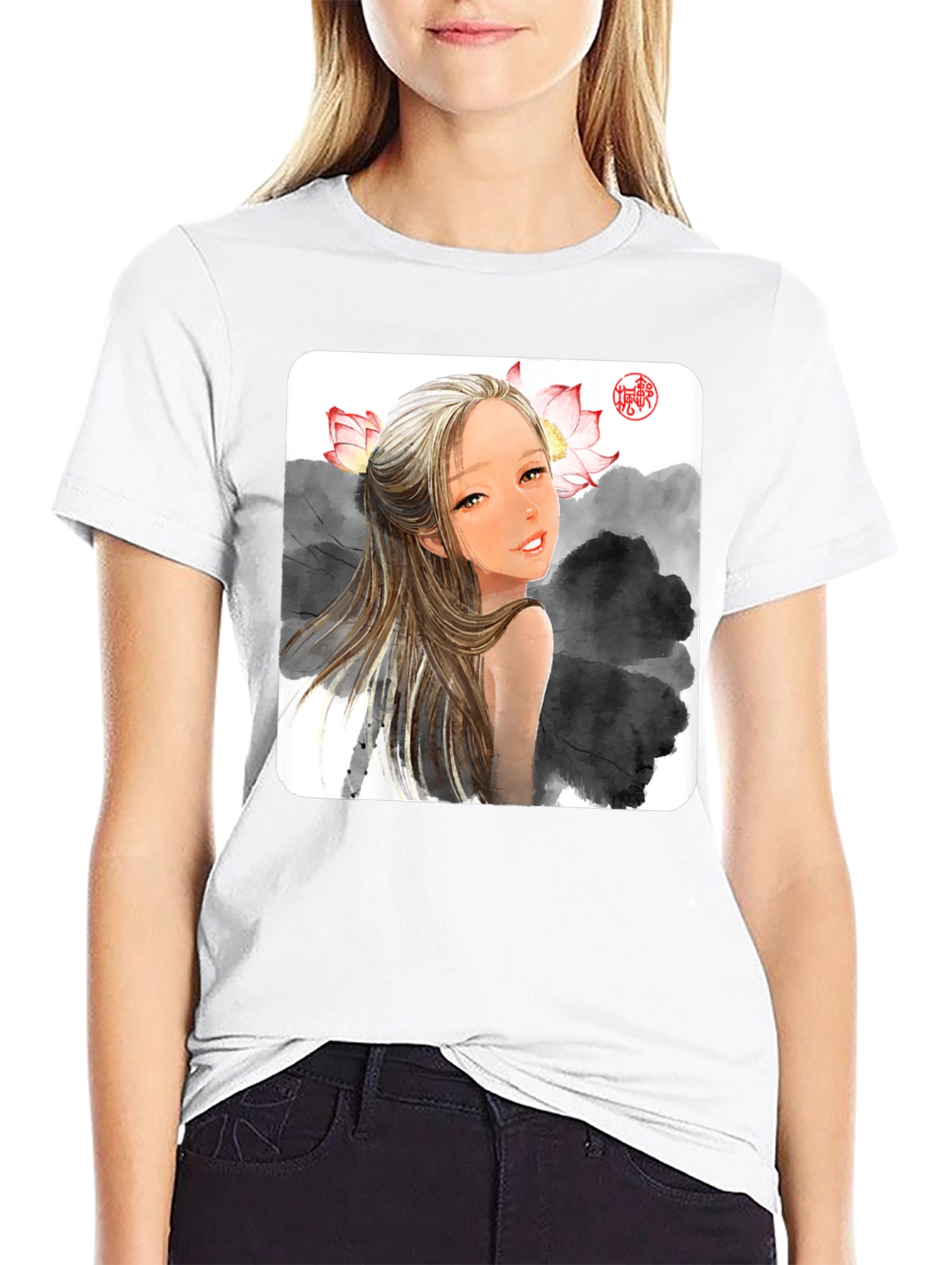 Artistic Graphic Tee - Anime Girl with Lotus