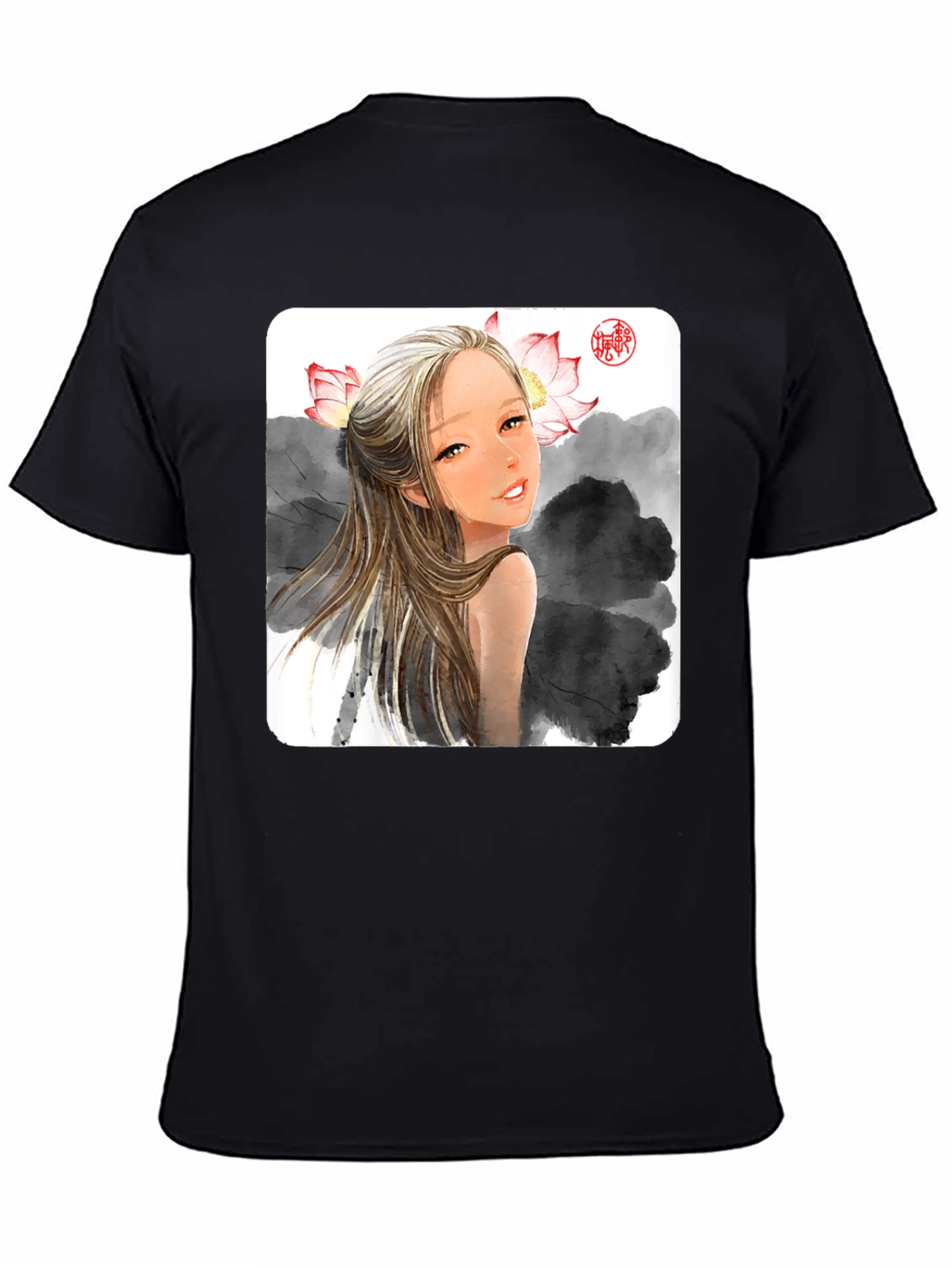 Artistic Graphic Tee - Anime Girl with Lotus
