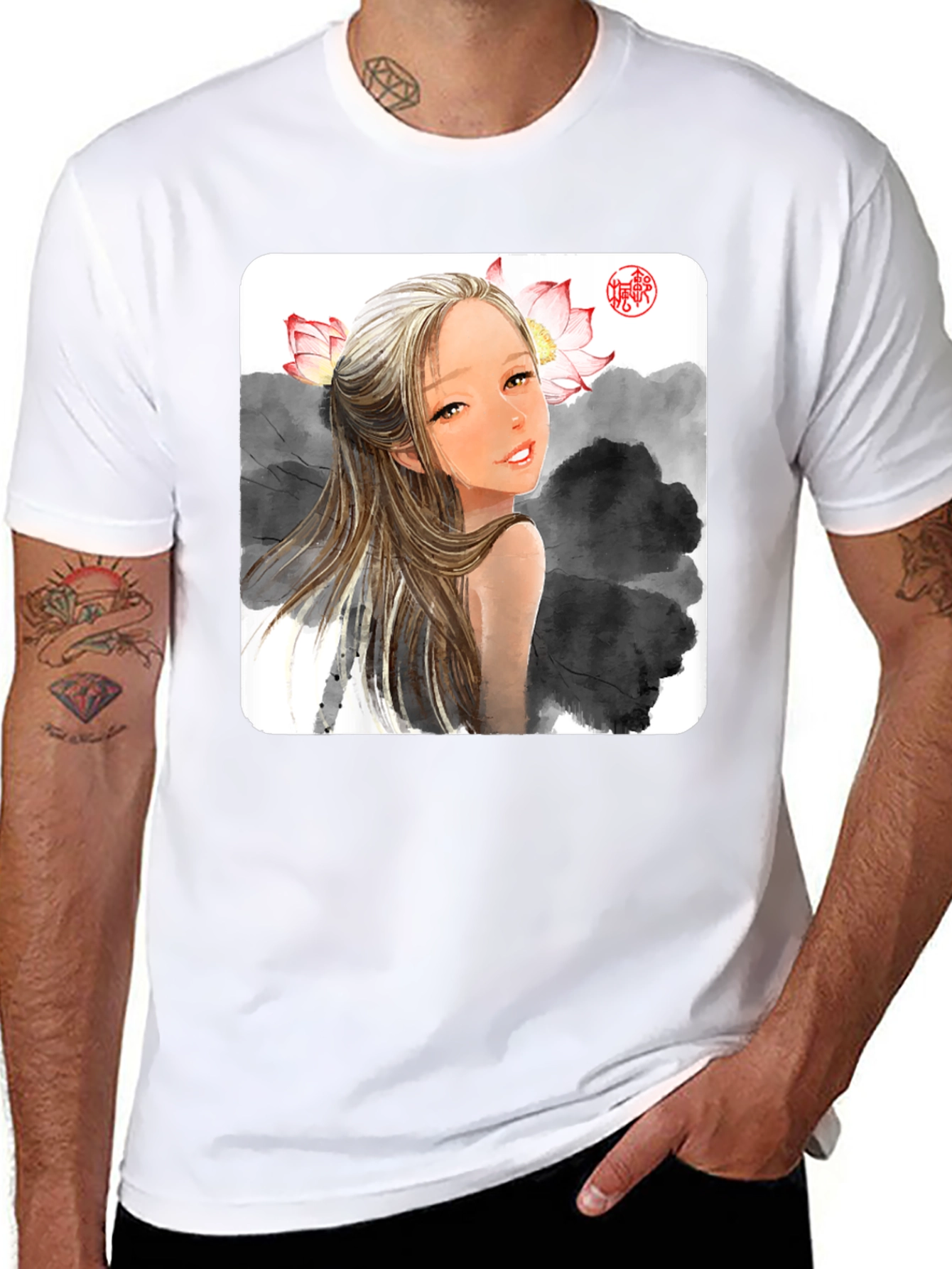 Artistic Graphic Tee - Anime Girl with Lotus
