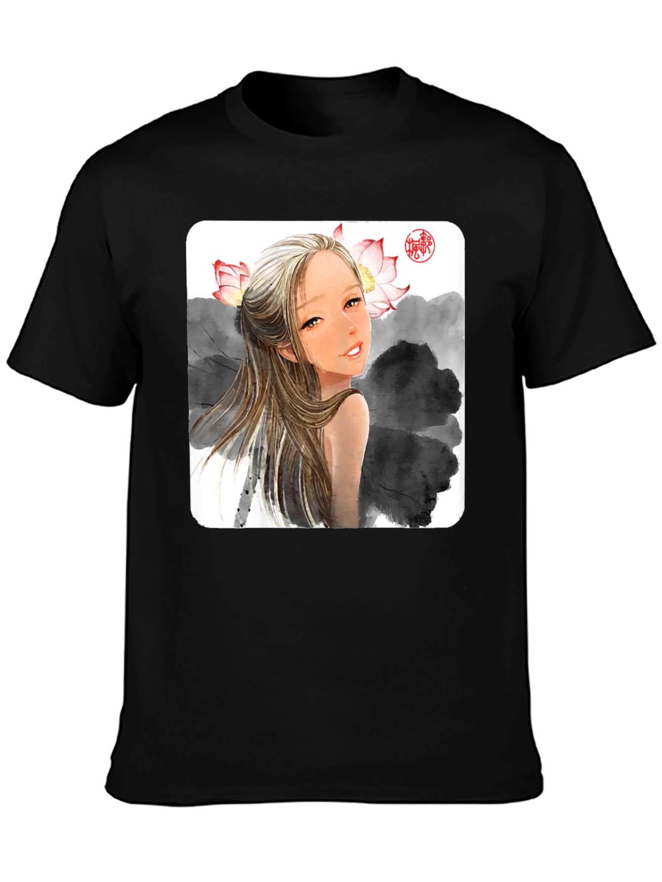Artistic Graphic Tee - Anime Girl with Lotus