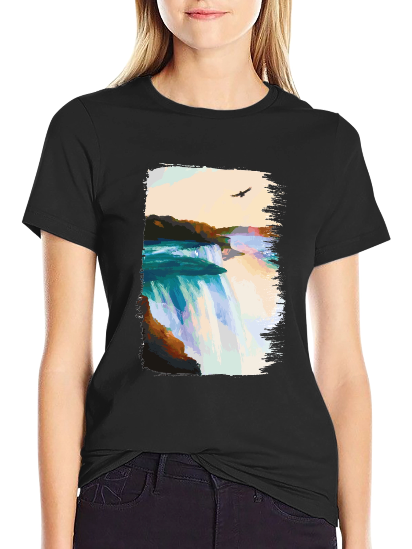 Waterfall Graphic Print Black T-Shirt