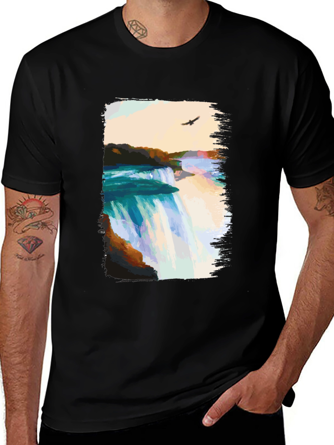 Waterfall Graphic Print Black T-Shirt