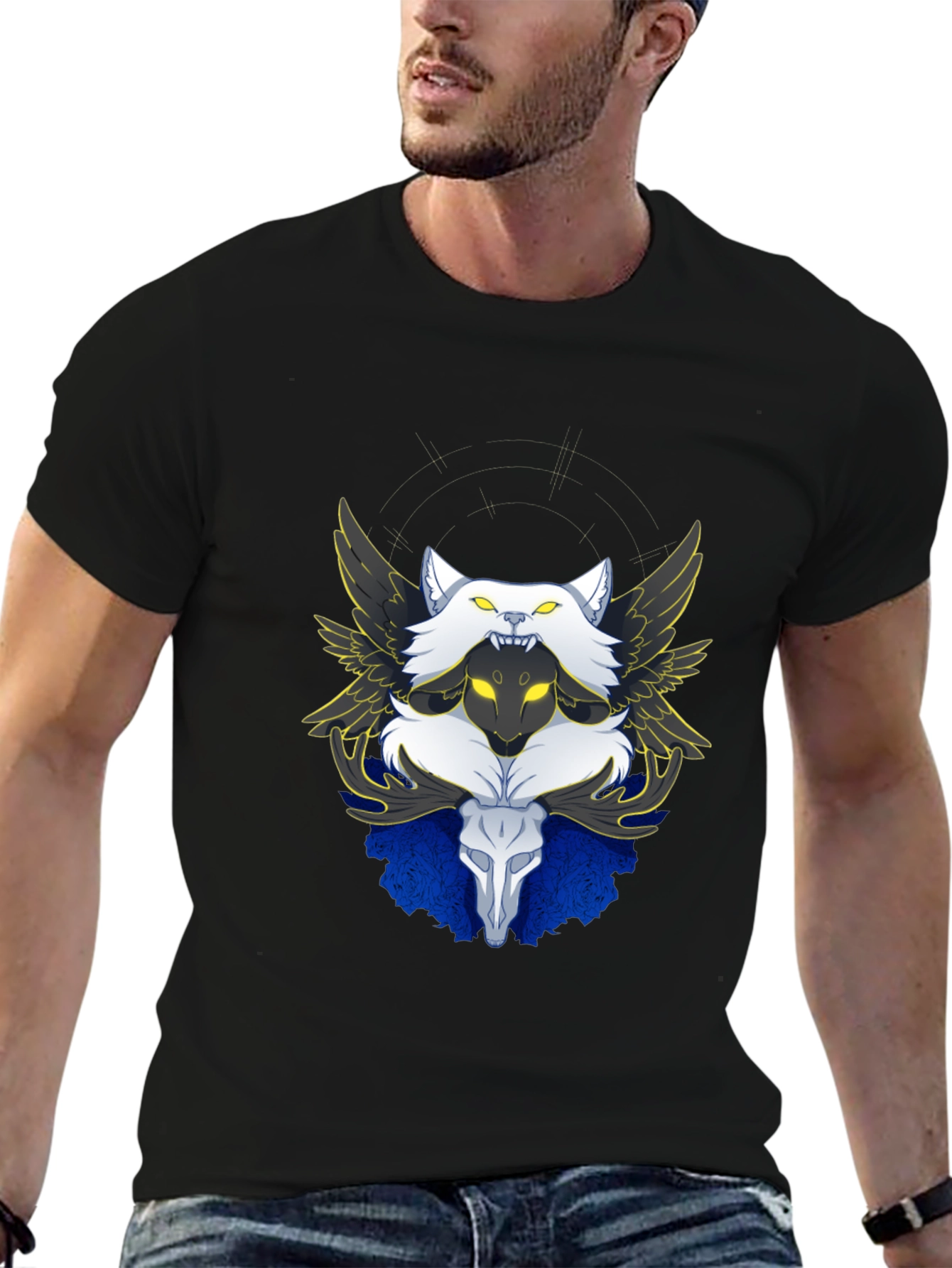 Winged Wolf & Skull Graphic Tee - Unique Design