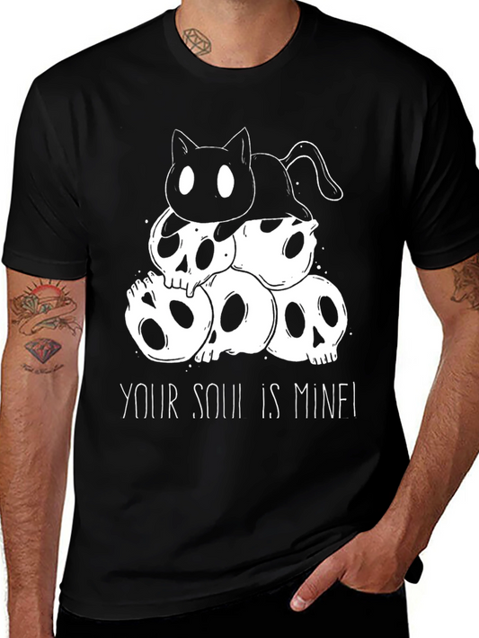 Gothic Cat & Skulls T-Shirt - Your Soul is Mine!