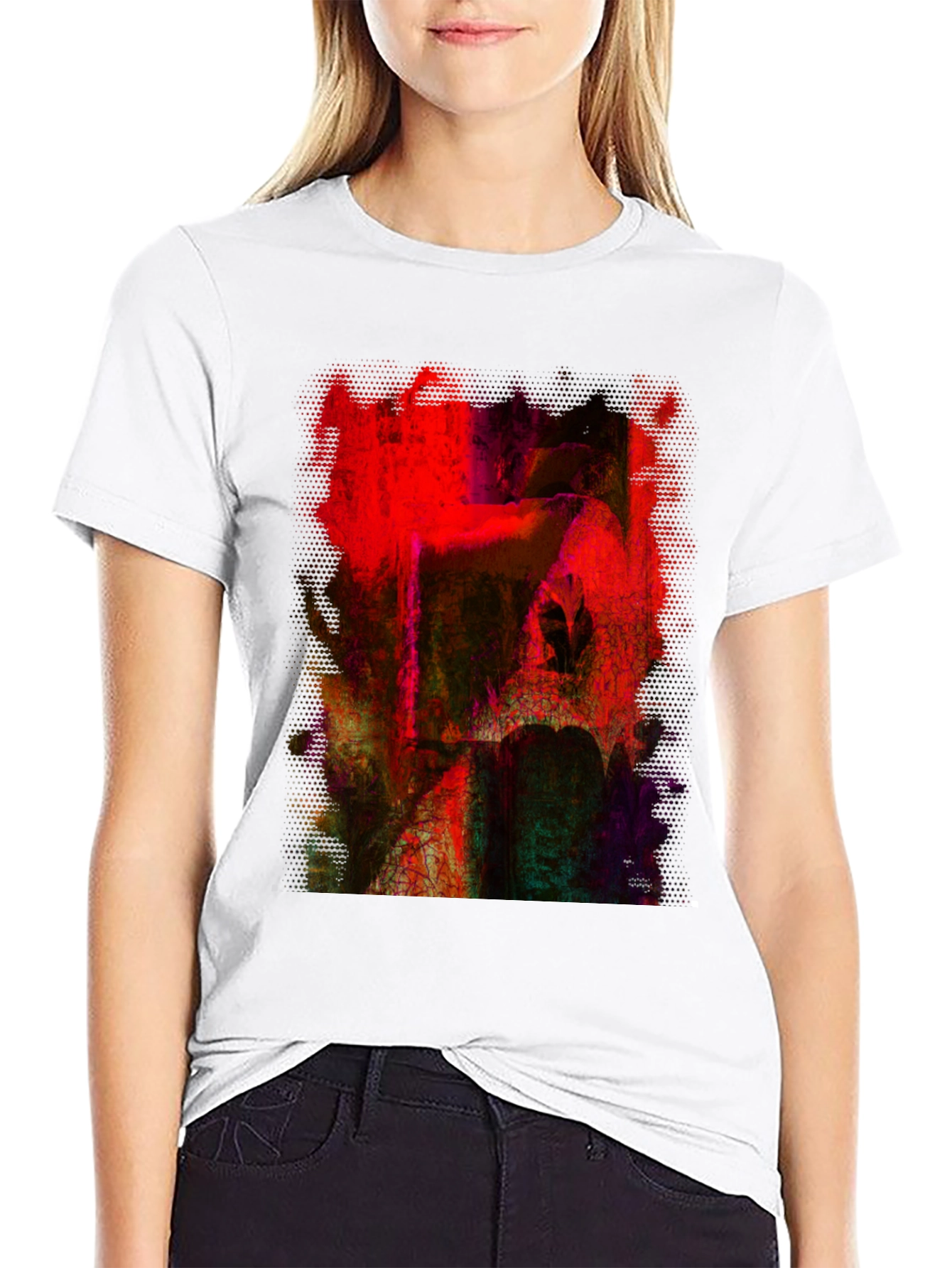 Abstract Red Art Graphic Tee - Black Cotton T-Shirt