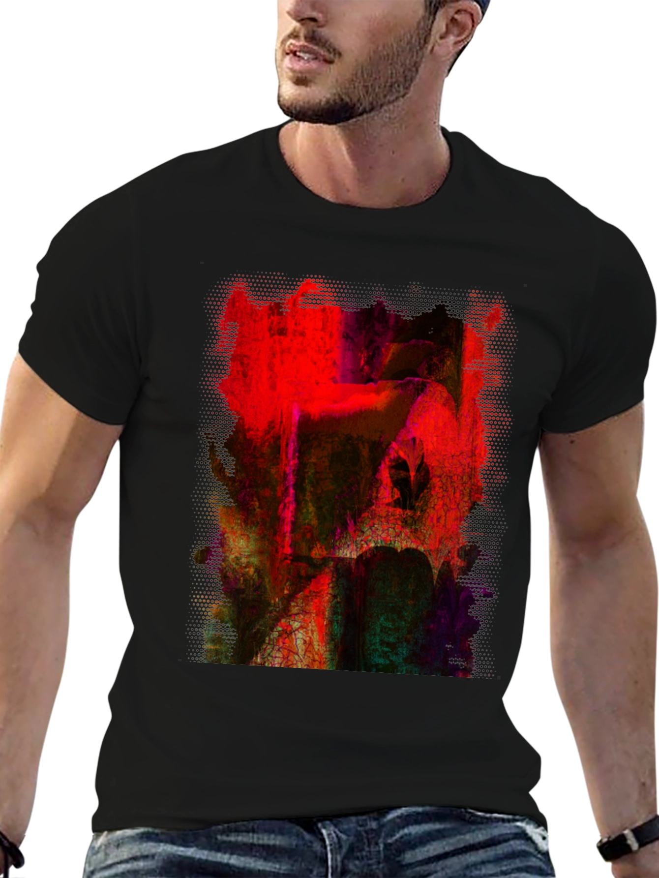 Abstract Red Art Graphic Tee - Black Cotton T-Shirt