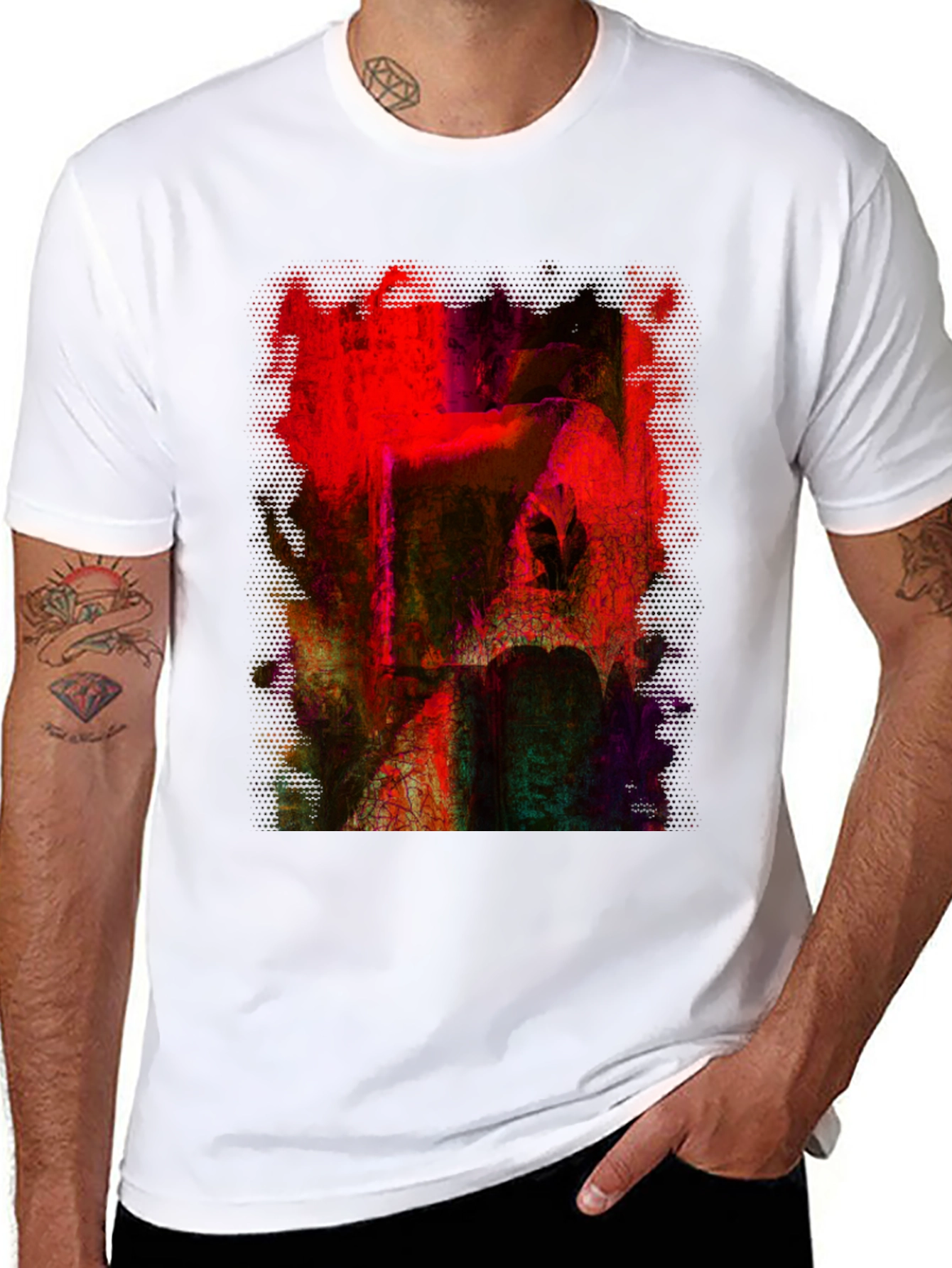 Abstract Red Art Graphic Tee - Black Cotton T-Shirt