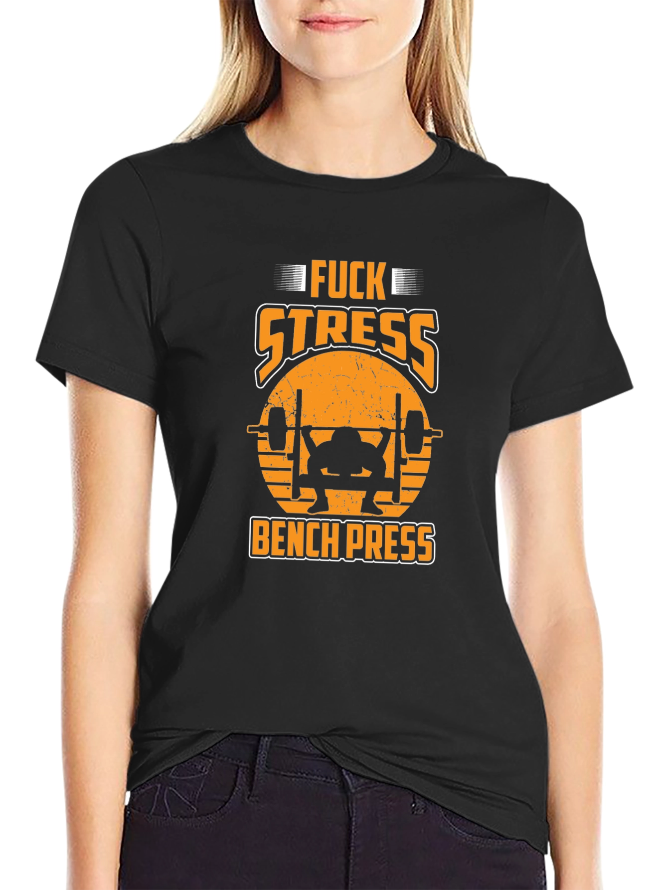 Funny Fitness Black T-Shirt - F*ck Stress Bench Press