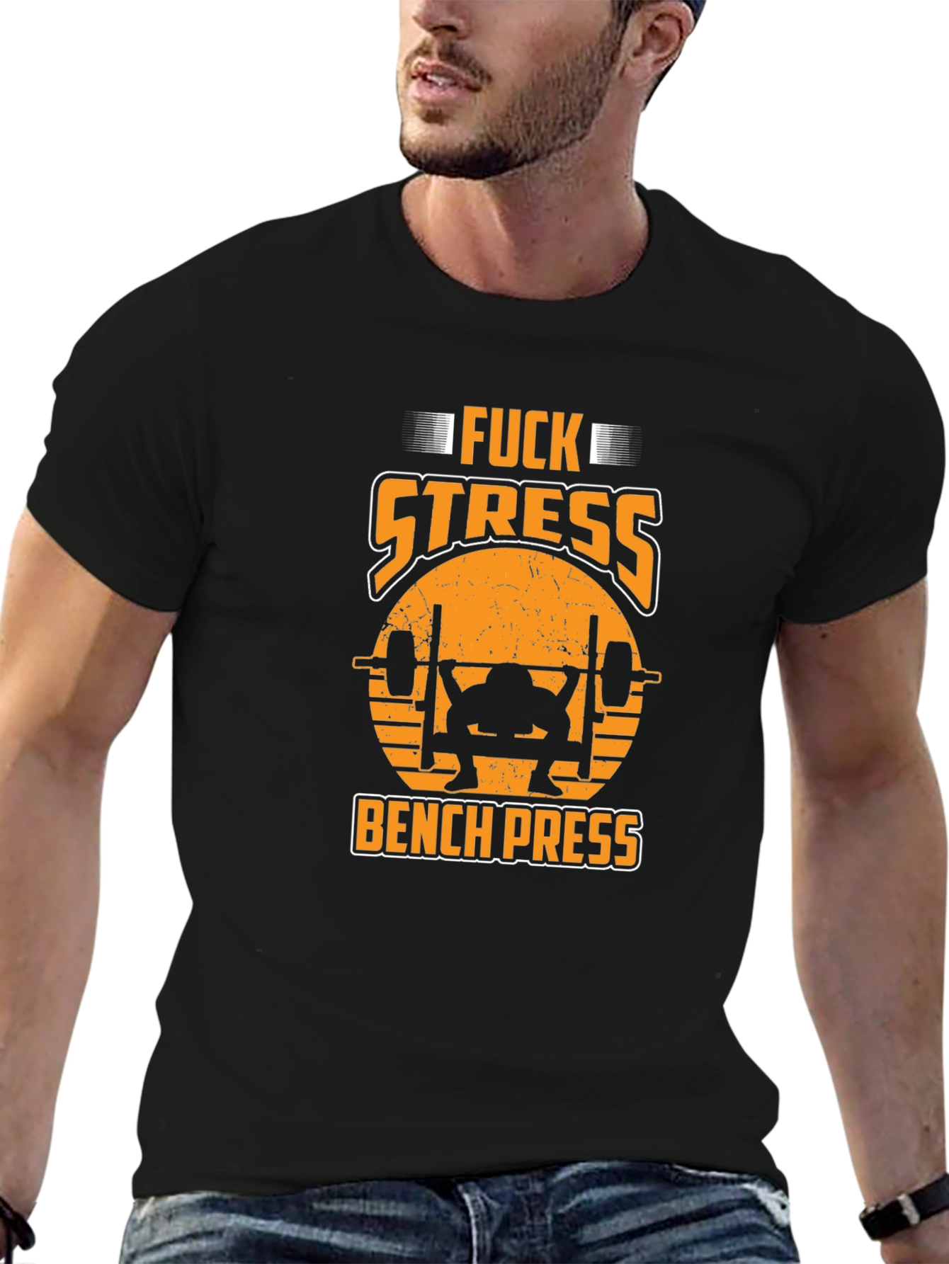 Funny Fitness Black T-Shirt - F*ck Stress Bench Press