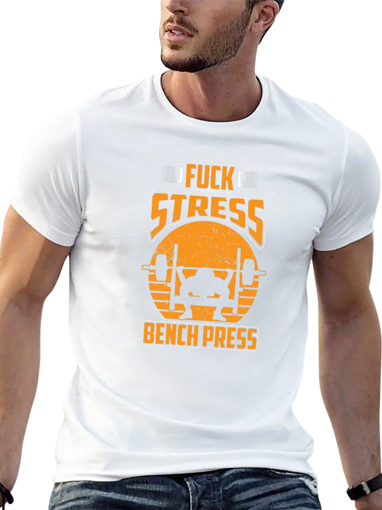 Funny Fitness Black T-Shirt - F*ck Stress Bench Press