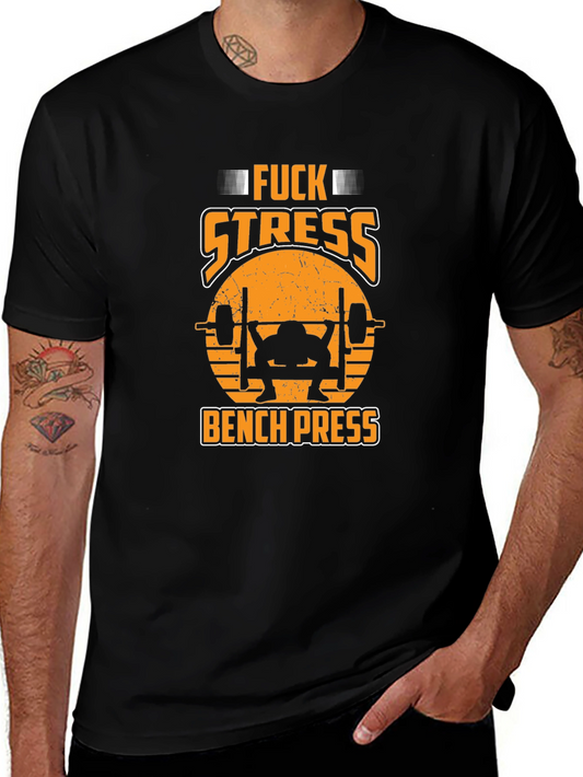 Funny Fitness Black T-Shirt - F*ck Stress Bench Press