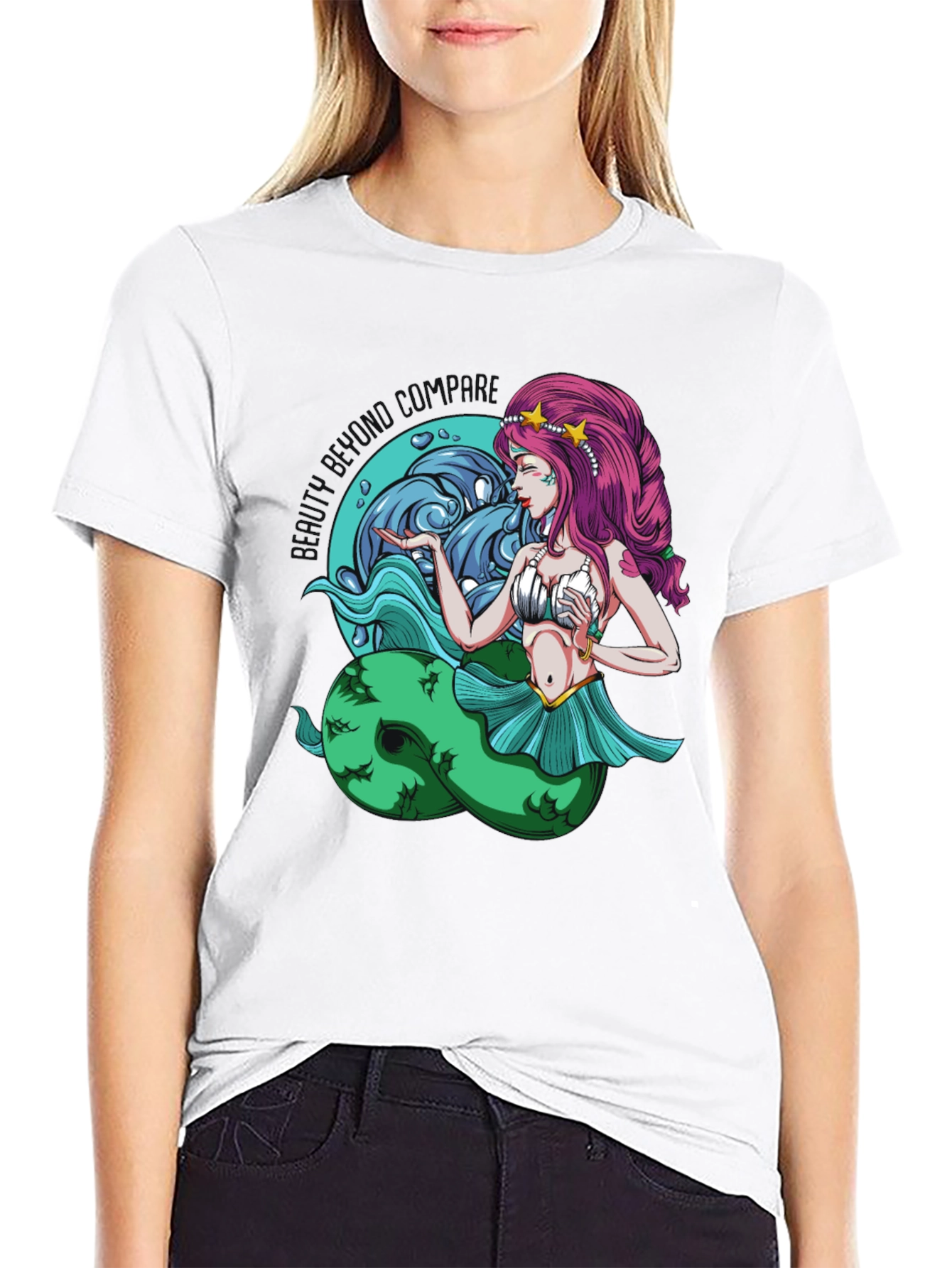 Mermaid Graphic Tee - Black Cotton T-Shirt