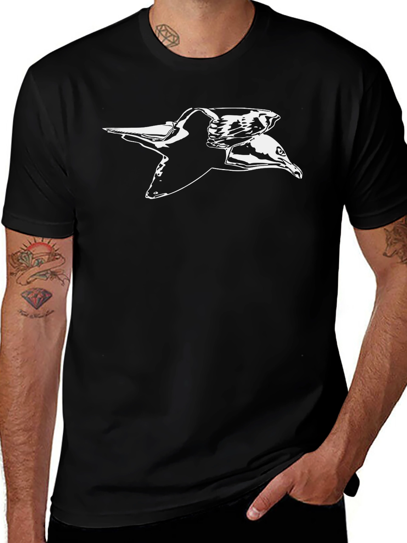 Black T-Shirt with Seagull Graphic