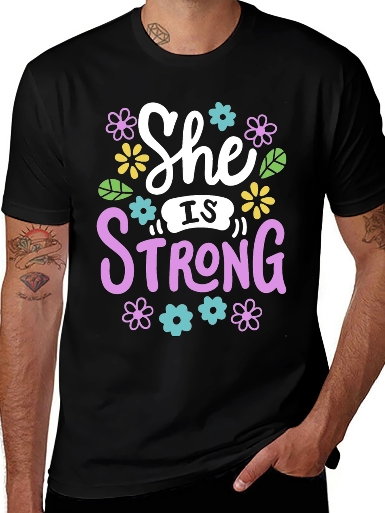 She Is Strong Floral Graphic Black T-Shirt