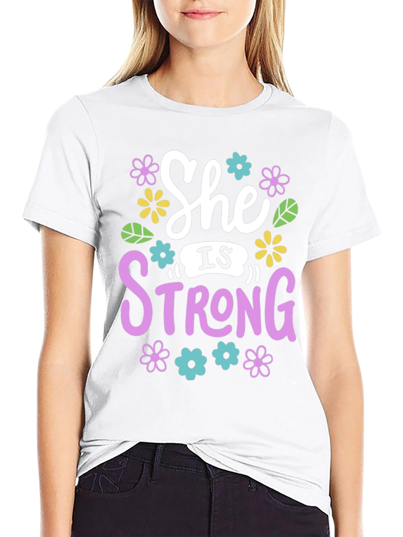 She Is Strong Floral Graphic Black T-Shirt