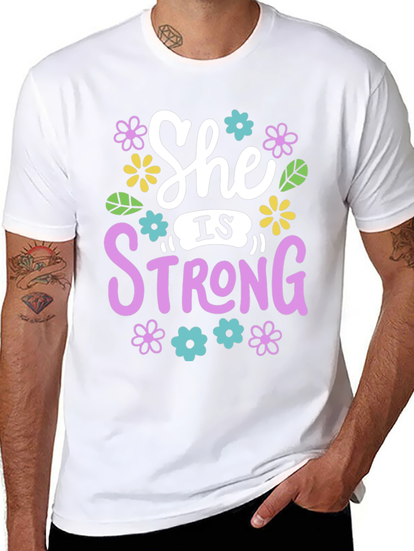 She Is Strong Floral Graphic Black T-Shirt
