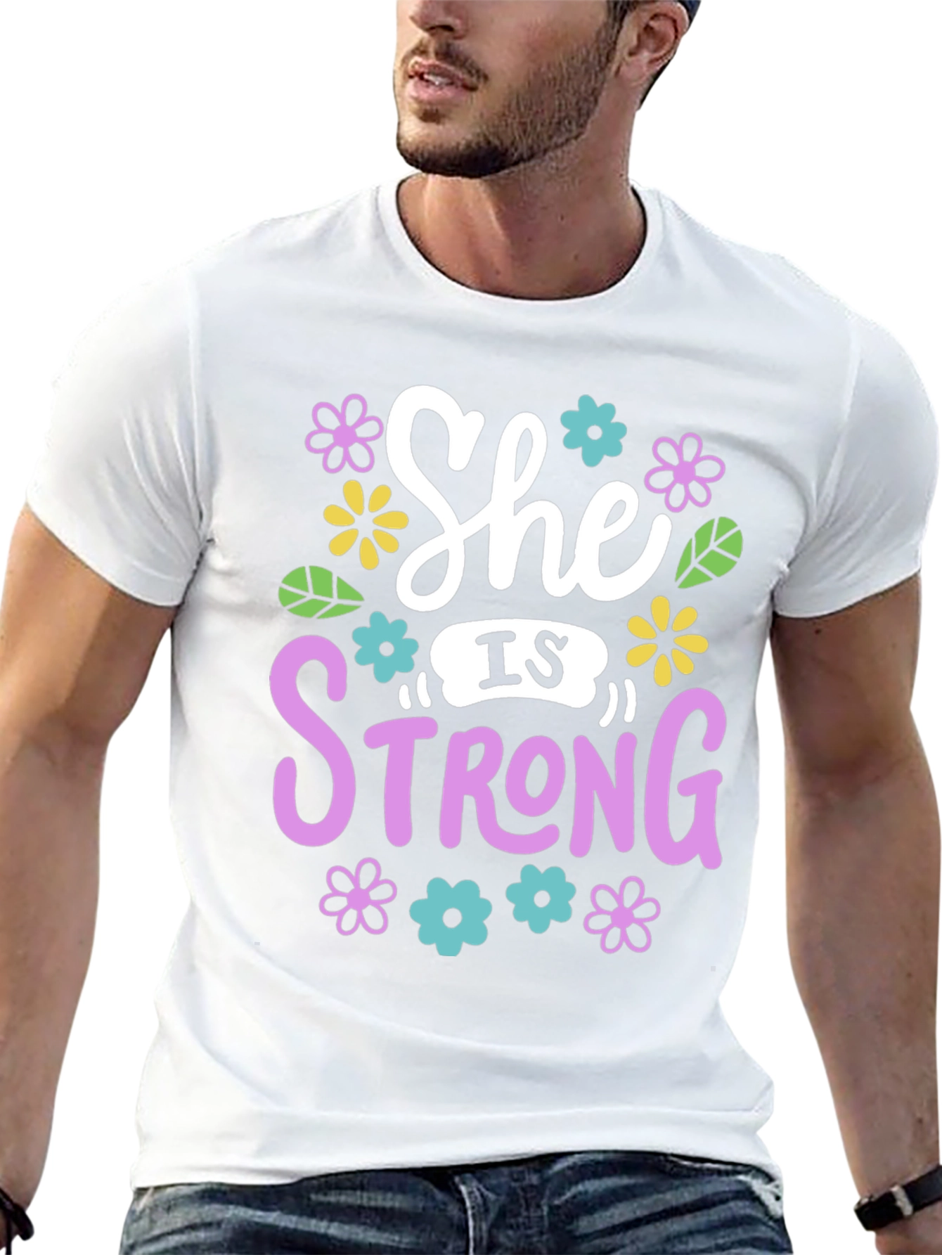 She Is Strong Floral Graphic Black T-Shirt