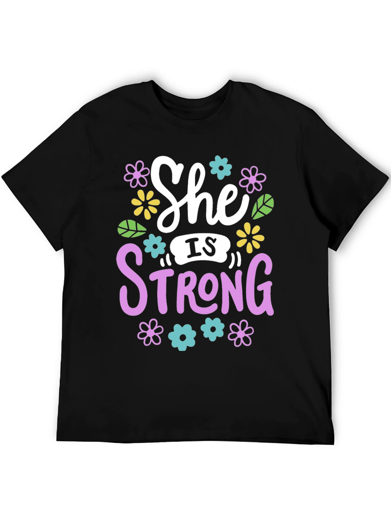 She Is Strong Floral Graphic Black T-Shirt