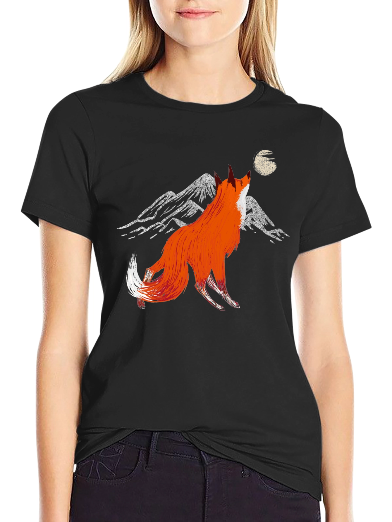 Fox Howling at Moon Graphic Tee - Black