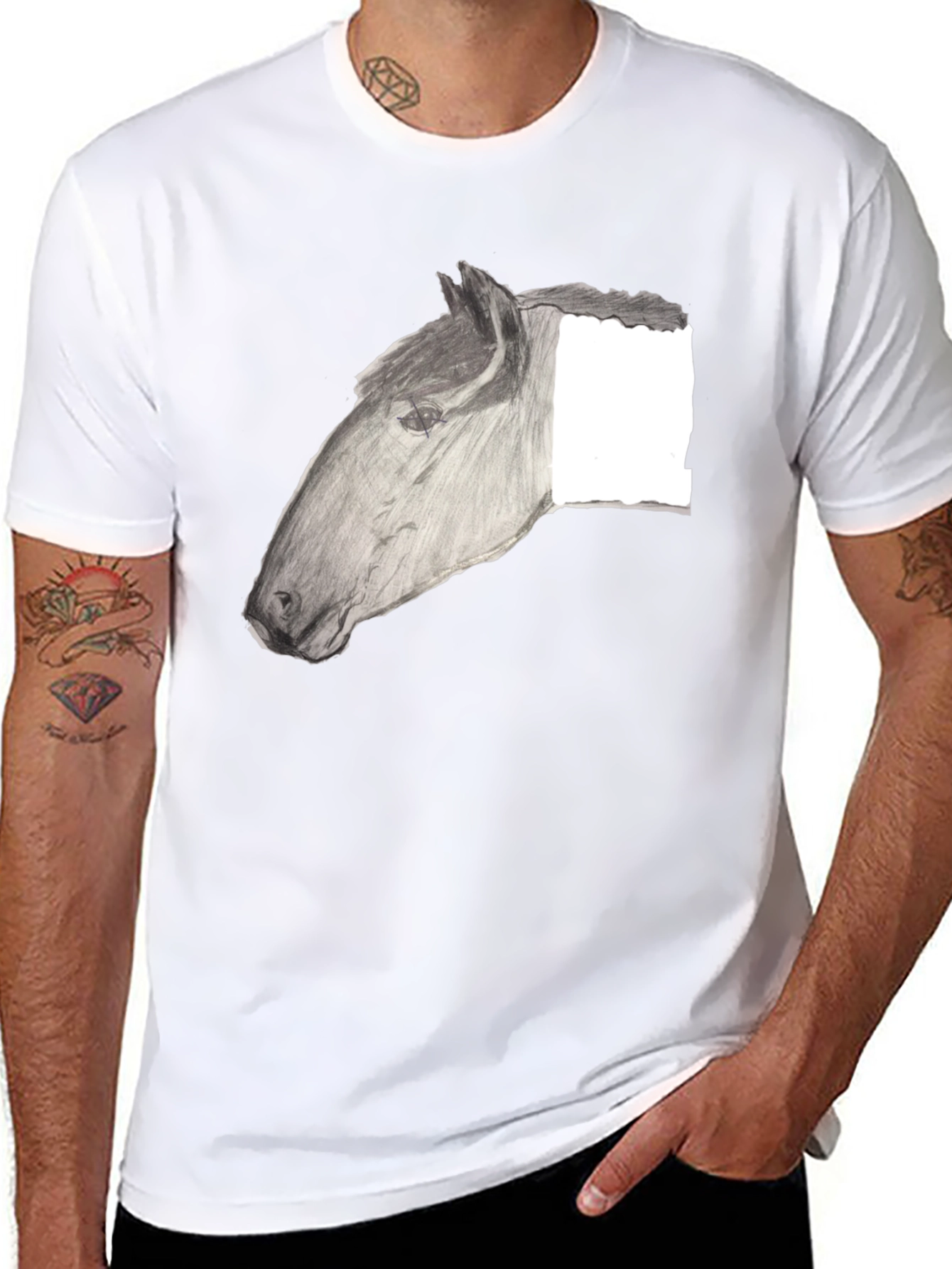 Black T-Shirt with Horse Sketch Design