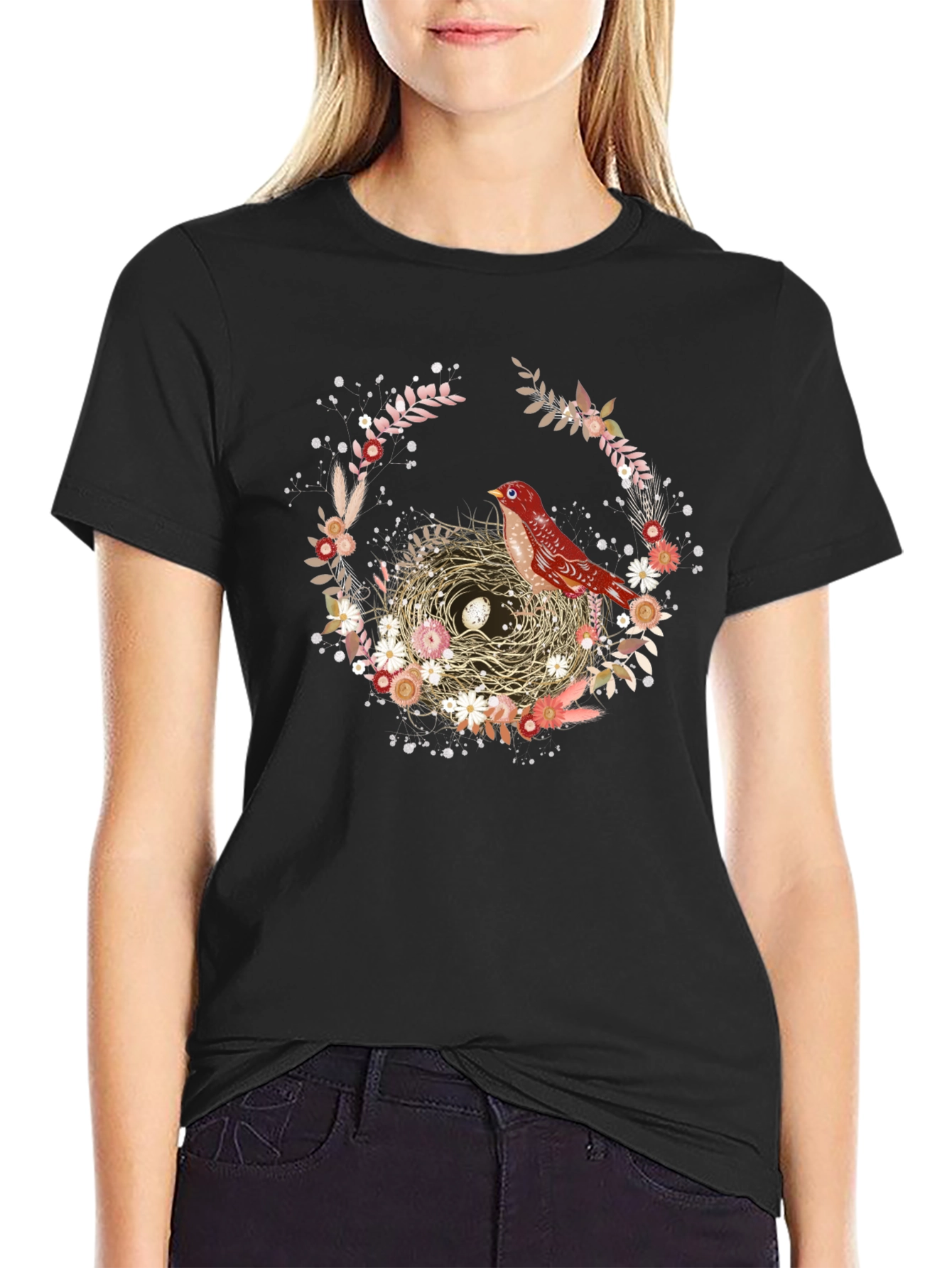 Bird Nest Floral Wreath T-Shirt