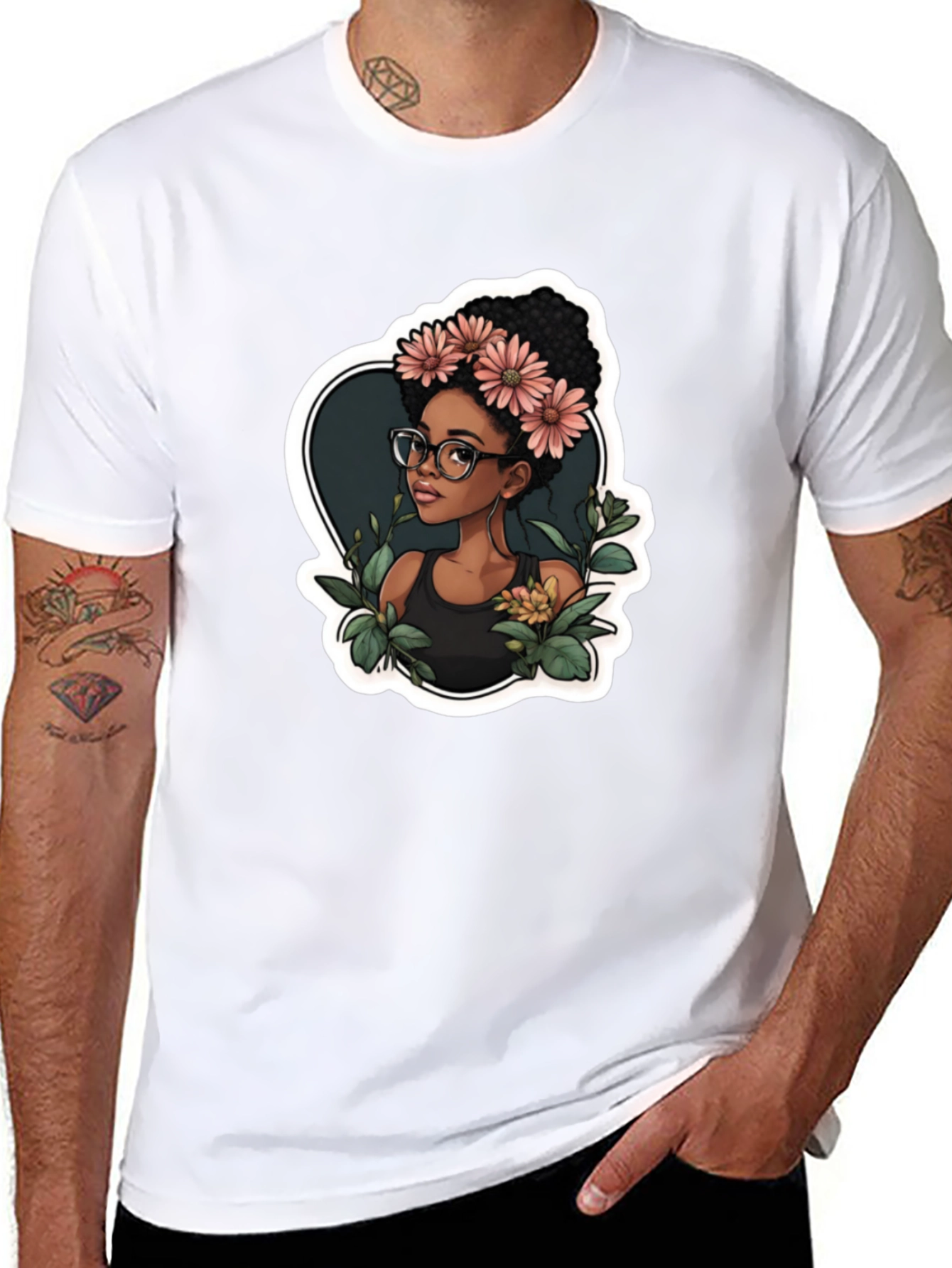 Stylish Black T-Shirt - Woman with Flowers Design