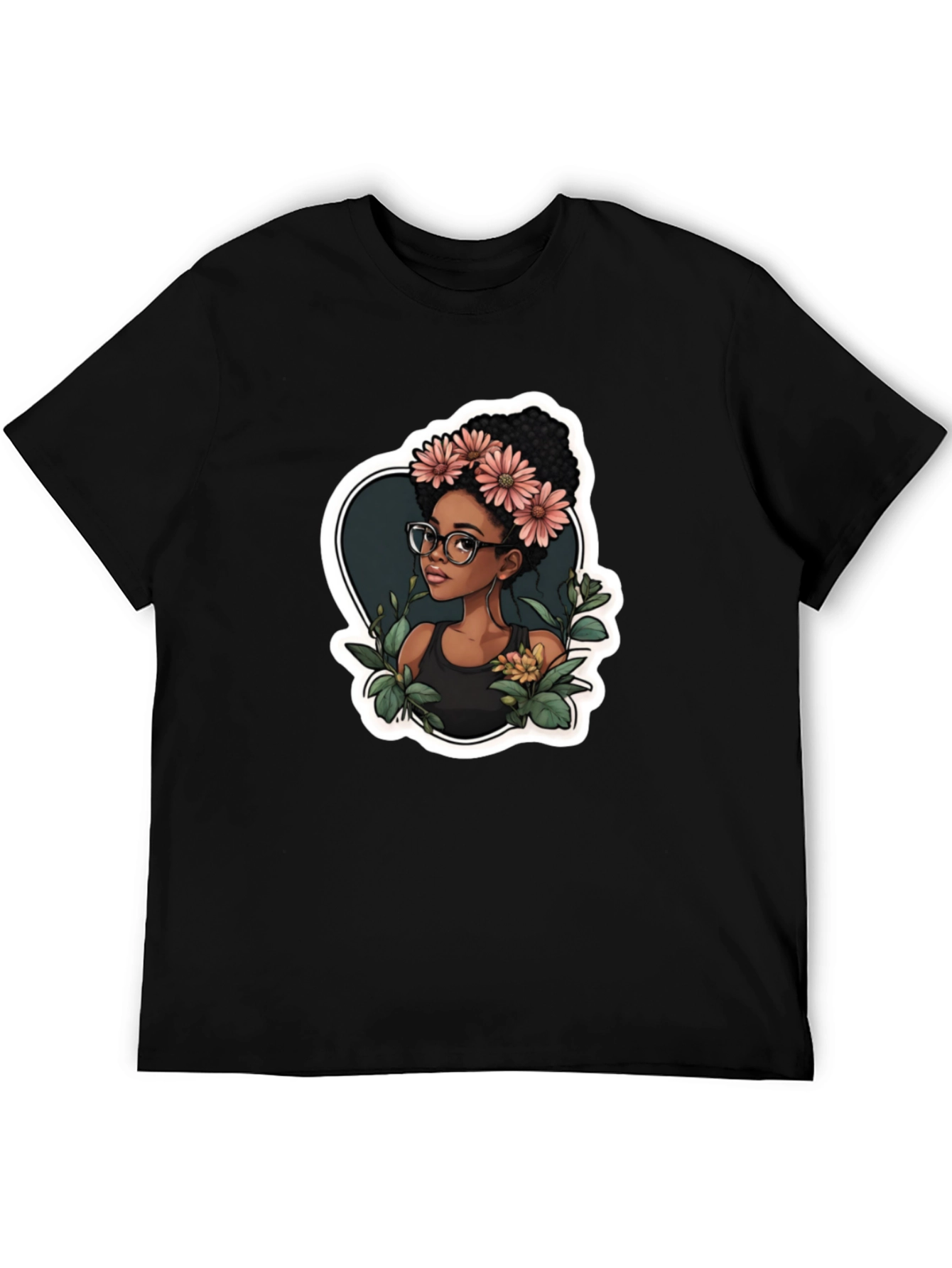 Stylish Black T-Shirt - Woman with Flowers Design