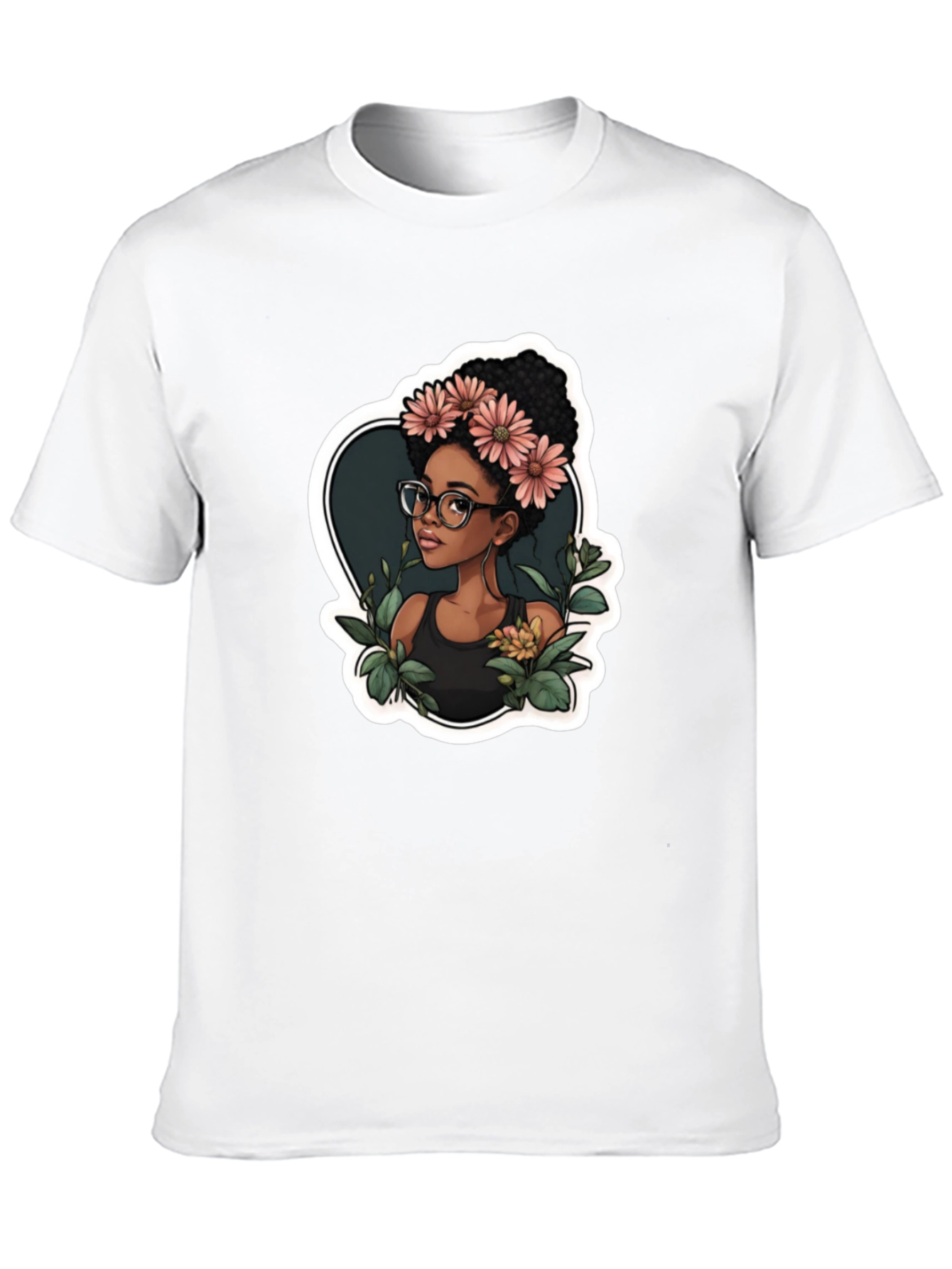 Stylish Black T-Shirt - Woman with Flowers Design