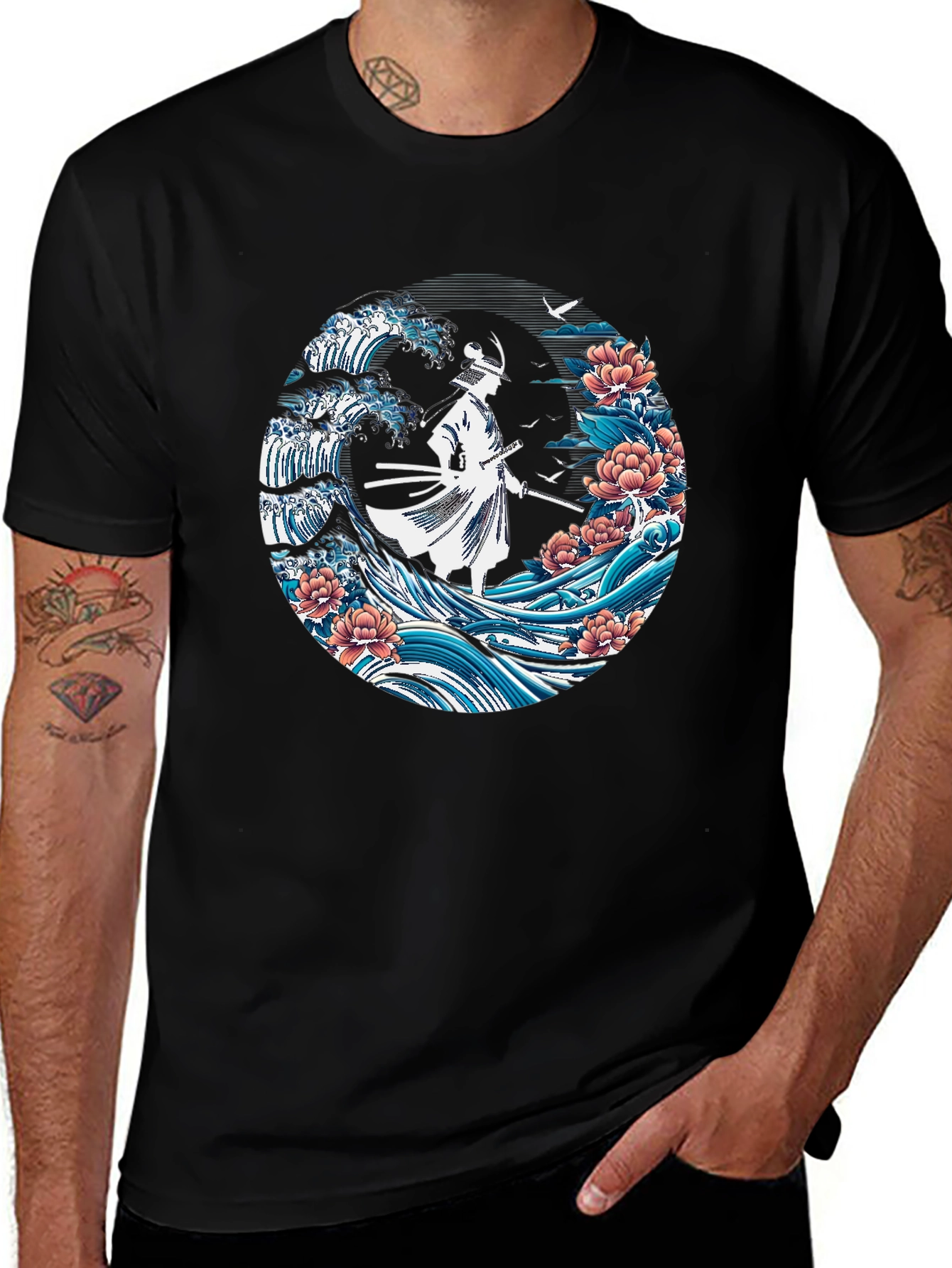 Samurai Wave Graphic Tee - Stylish Black T-Shirt