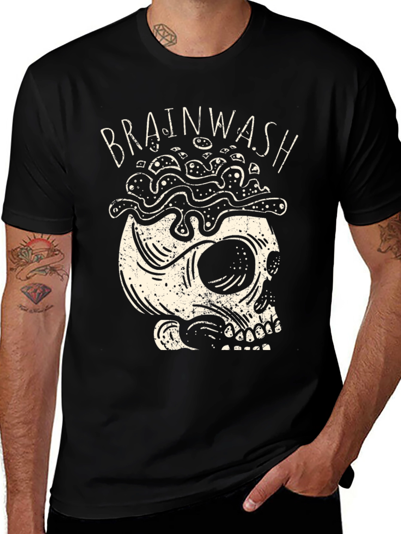 Brainwash Skull Graphic Tee - Black Cotton T-Shirt