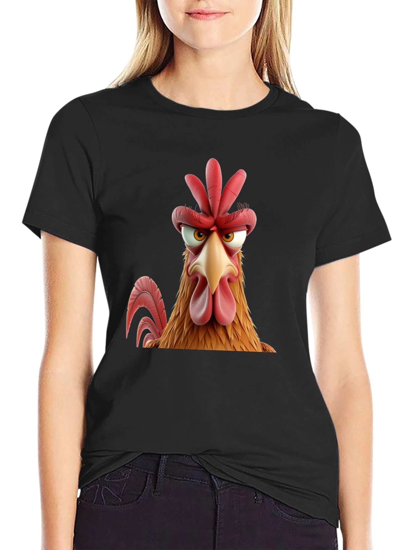Angry Chicken Cartoon Graphic Print Black T-Shirt