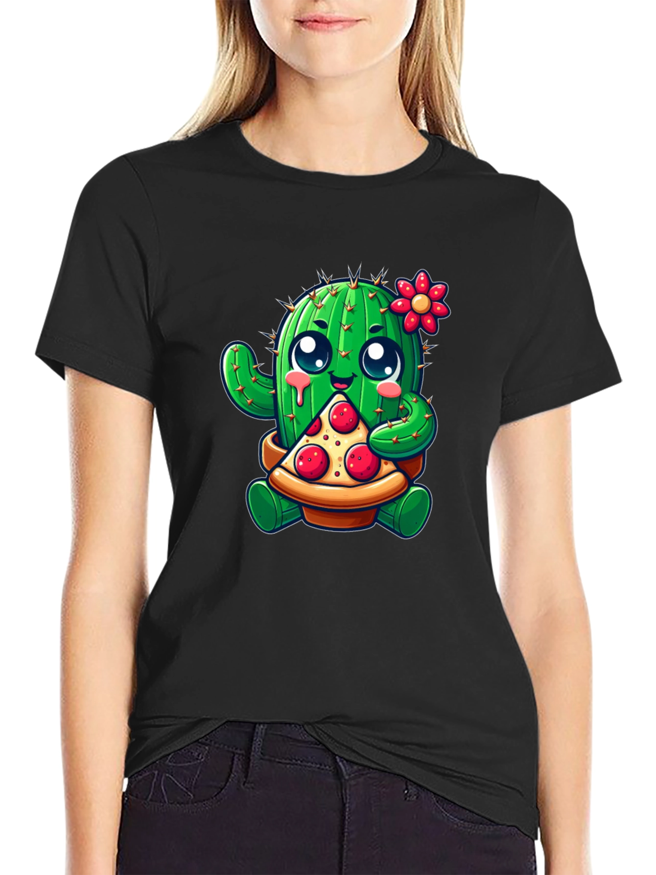 Cactus Pizza Lover Black T-Shirt