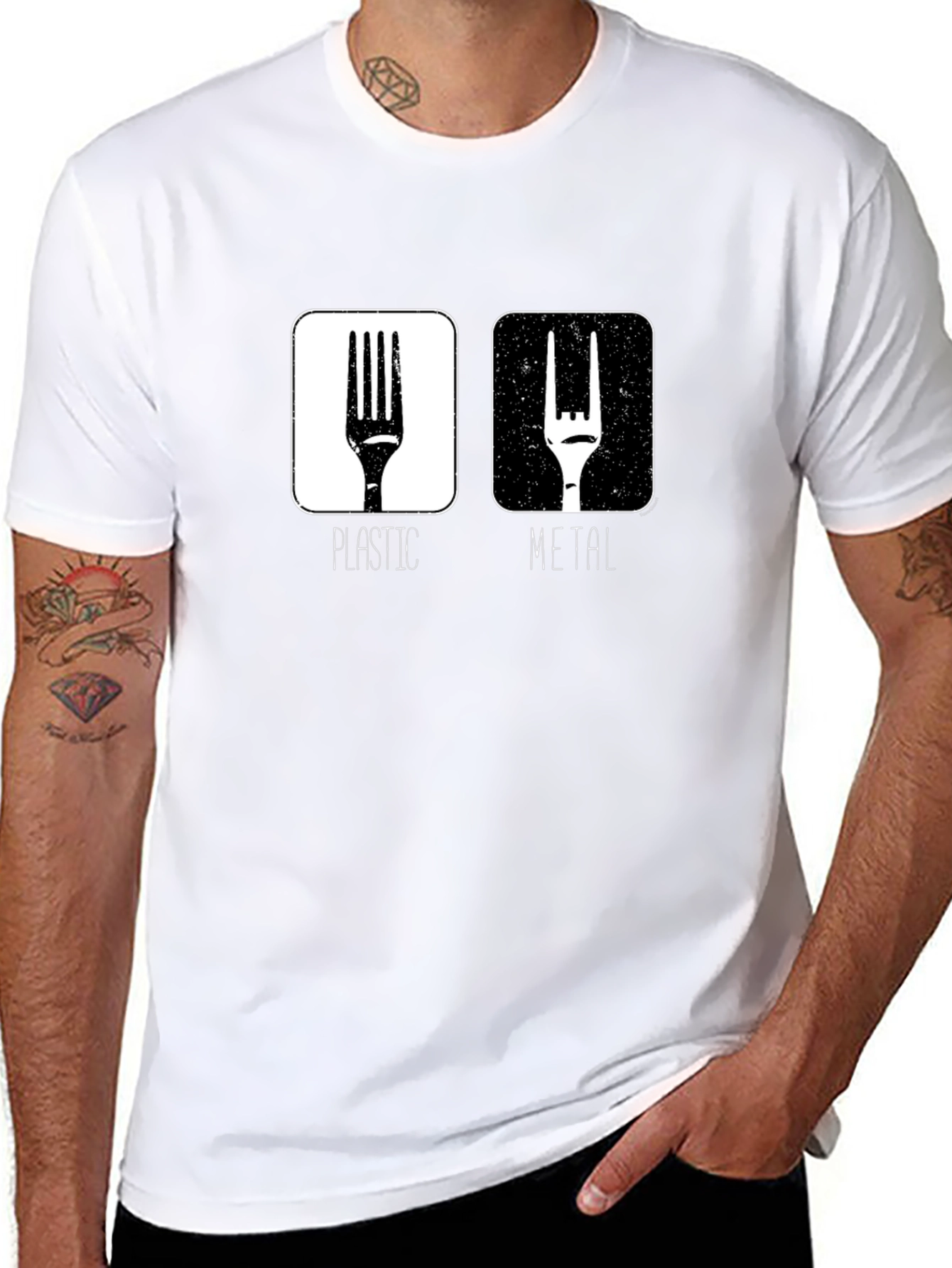 Funny Metal vs. Plastic Fork Graphic T-Shirt