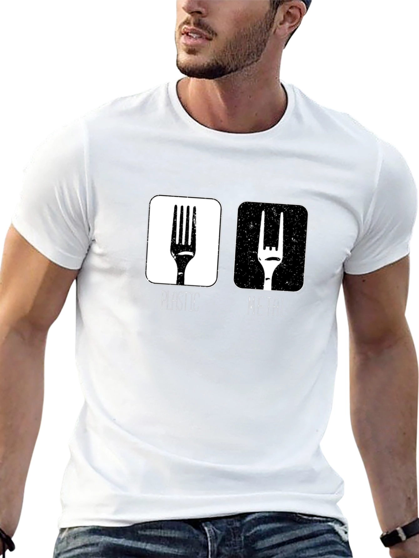 Funny Metal vs. Plastic Fork Graphic T-Shirt