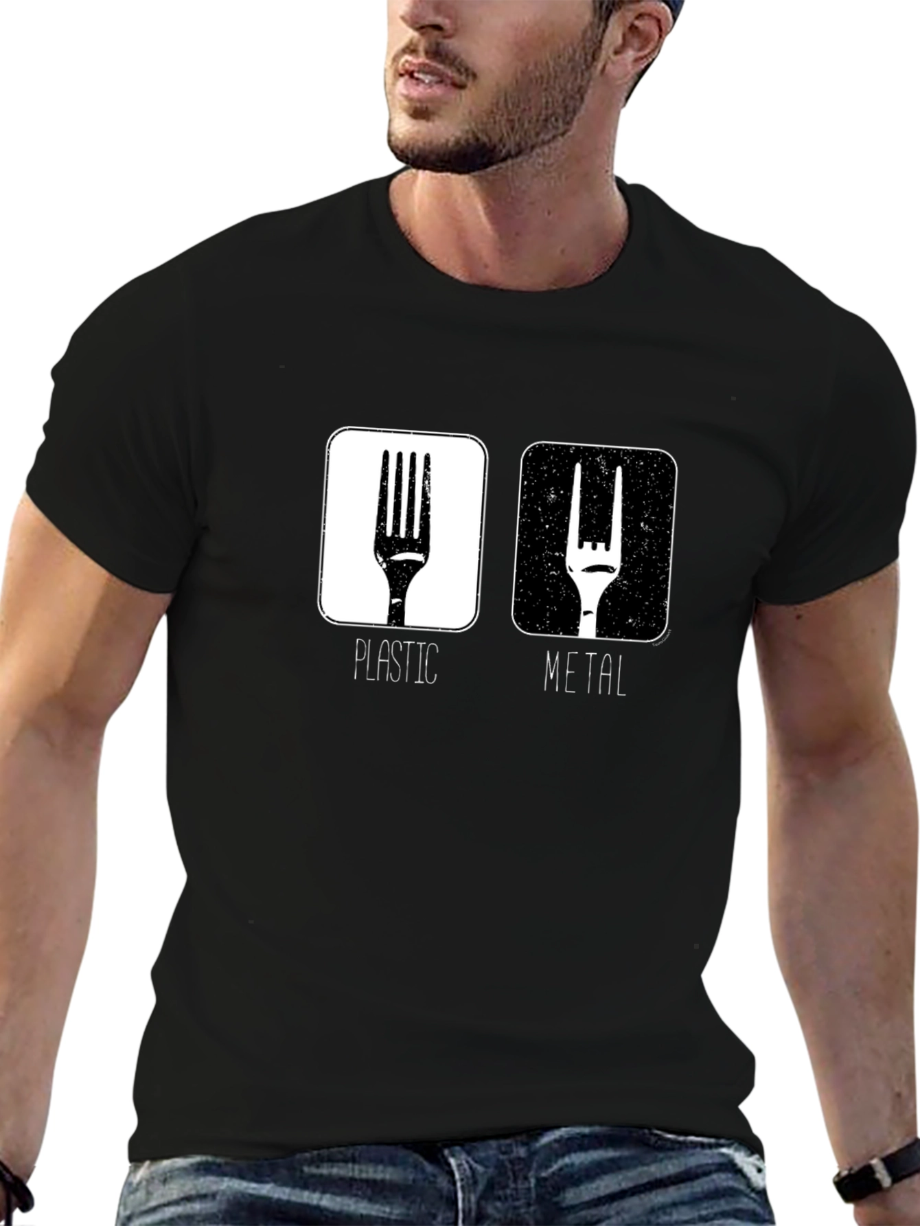 Funny Metal vs. Plastic Fork Graphic T-Shirt