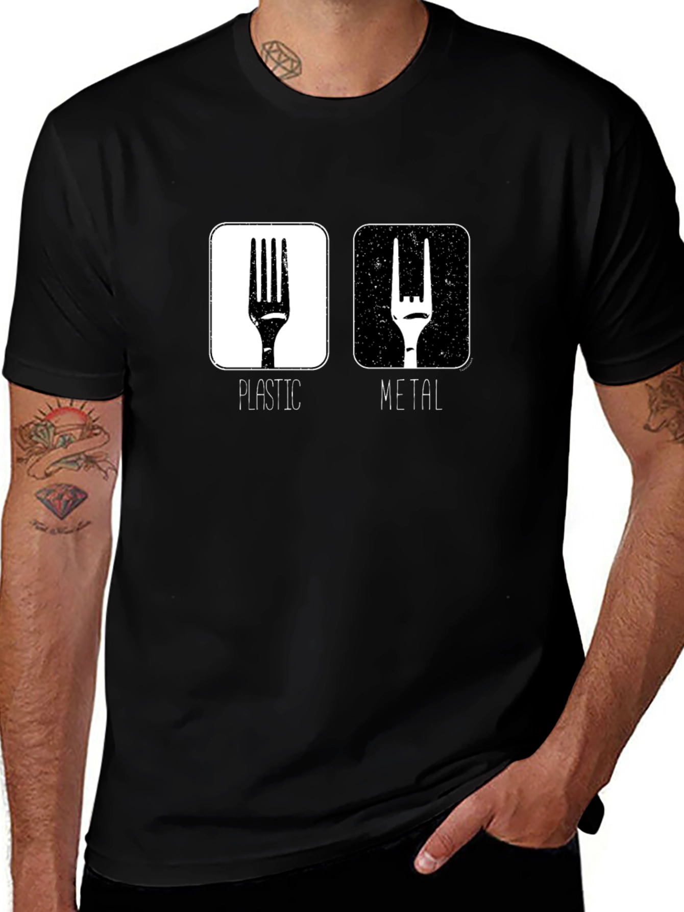 Funny Metal vs. Plastic Fork Graphic T-Shirt