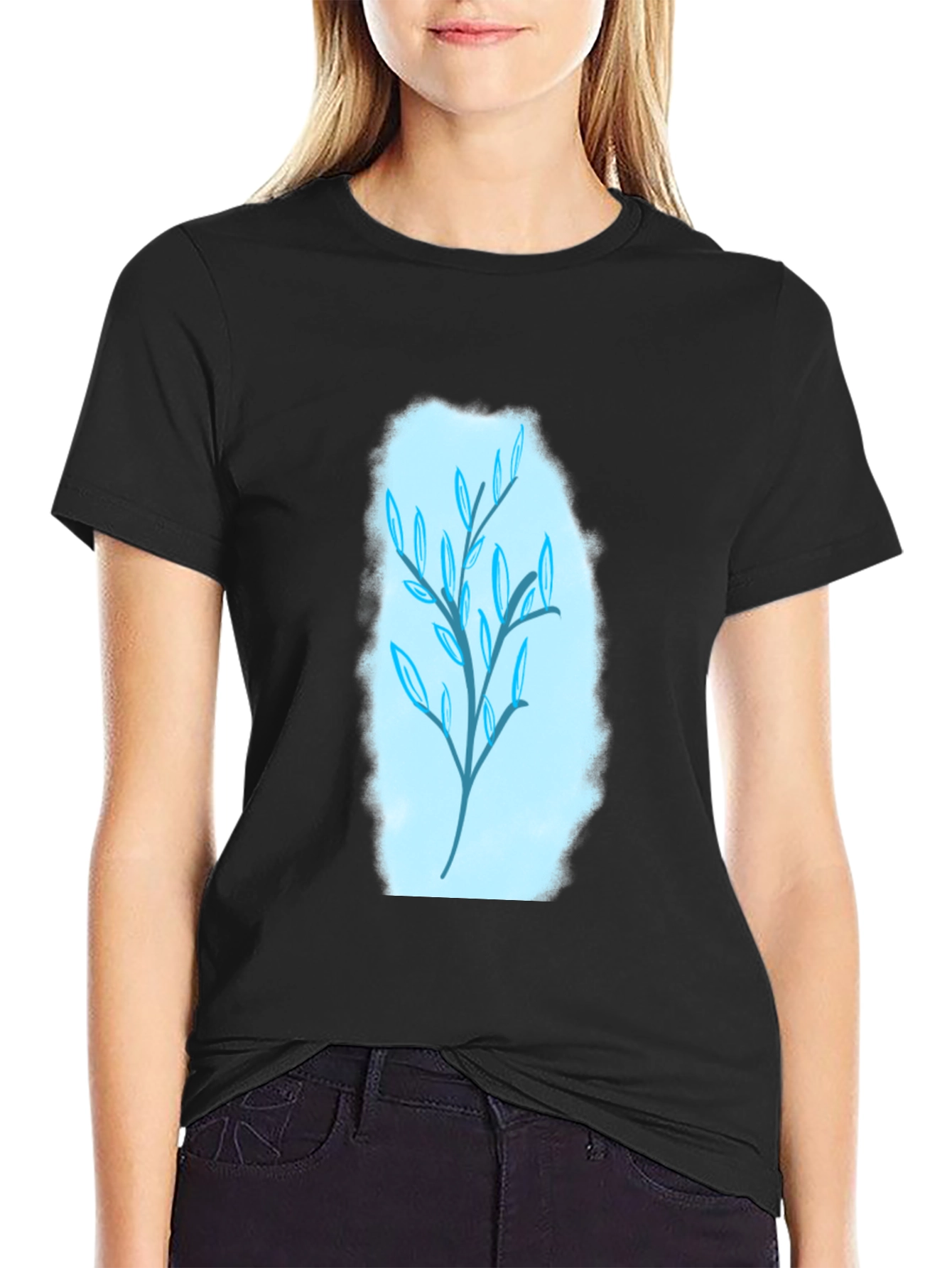 Stylish Black T-Shirt with Blue Leaf Design