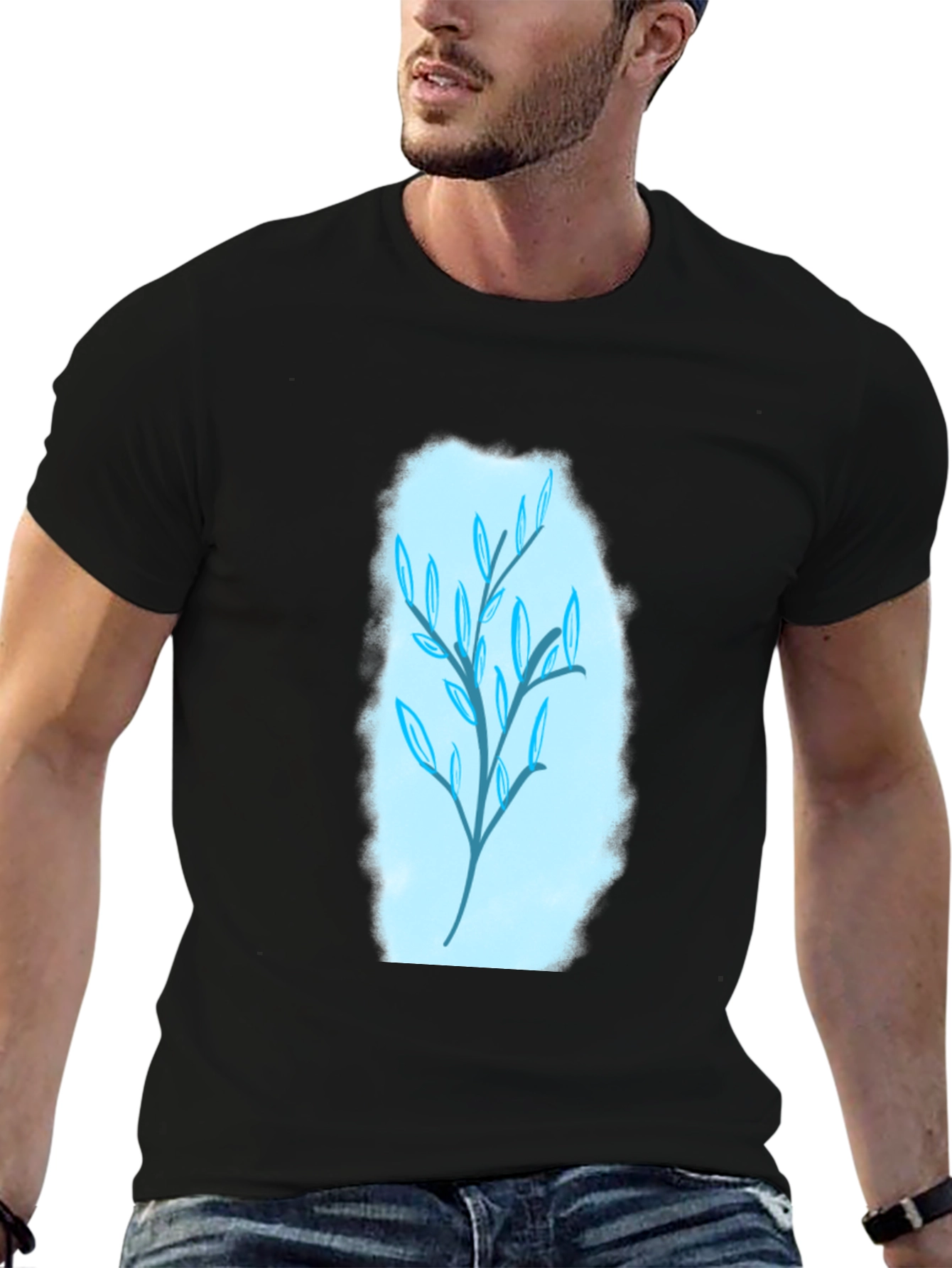 Stylish Black T-Shirt with Blue Leaf Design