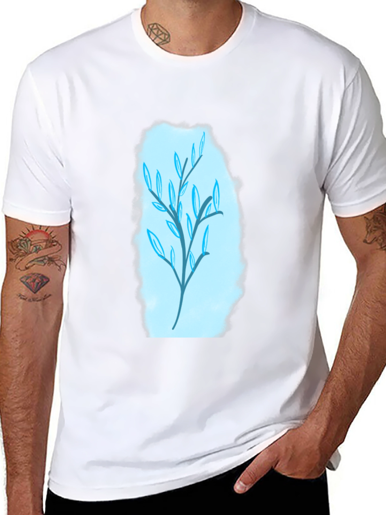 Stylish Black T-Shirt with Blue Leaf Design