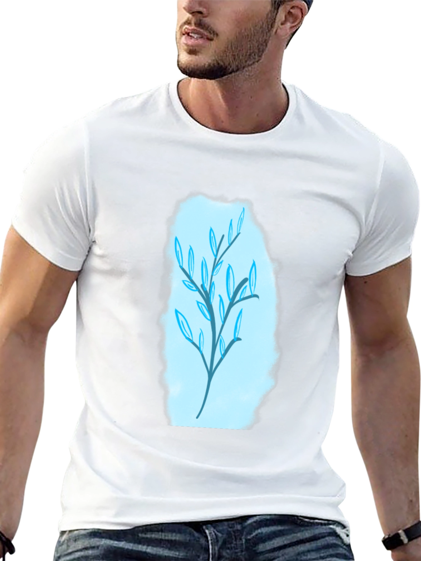 Stylish Black T-Shirt with Blue Leaf Design