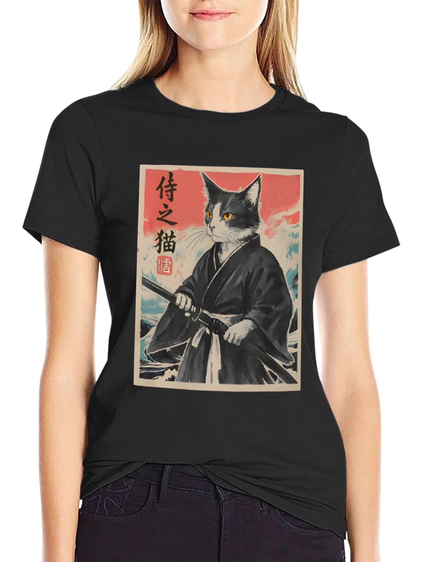 Samurai Cat Graphic Tee - Japanese Art Shirt