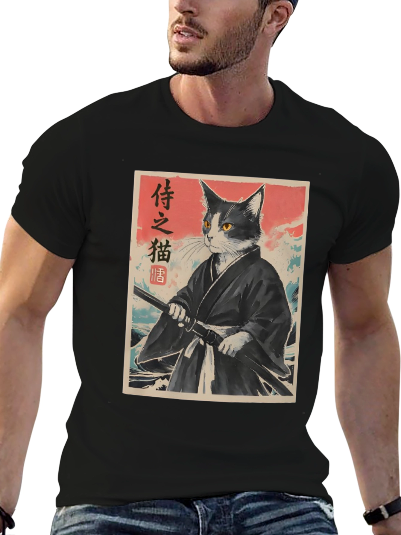 Samurai Cat Graphic Tee - Japanese Art Shirt
