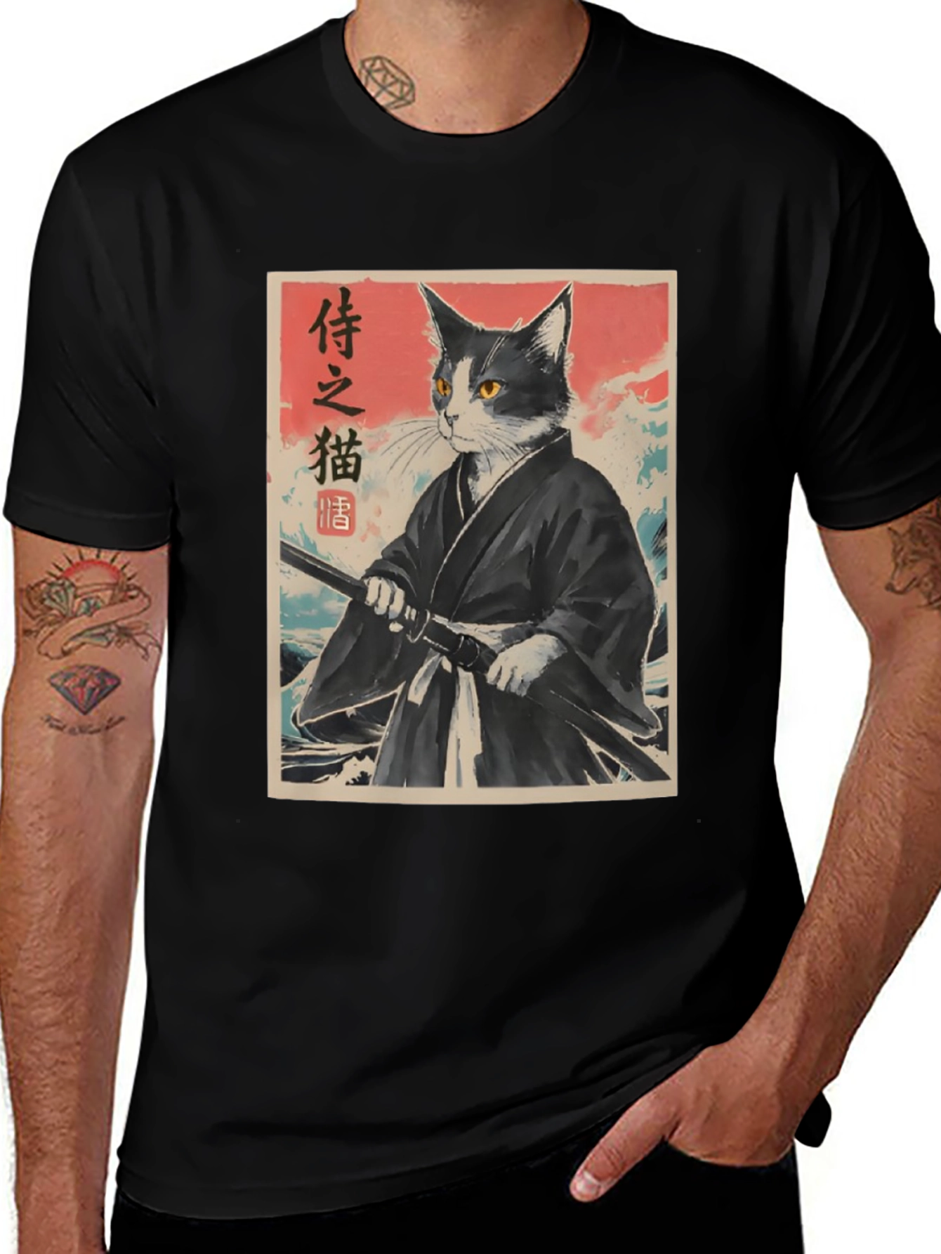 Samurai Cat Graphic Tee - Japanese Art Shirt