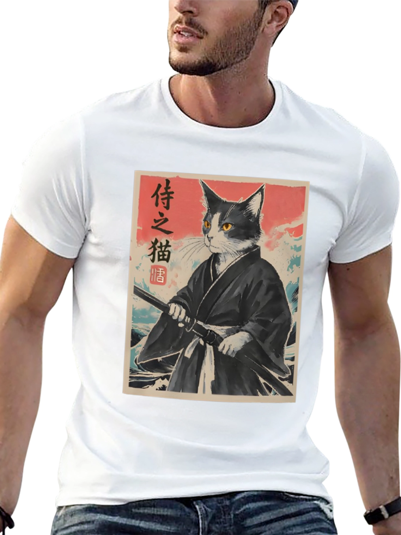 Samurai Cat Graphic Tee - Japanese Art Shirt