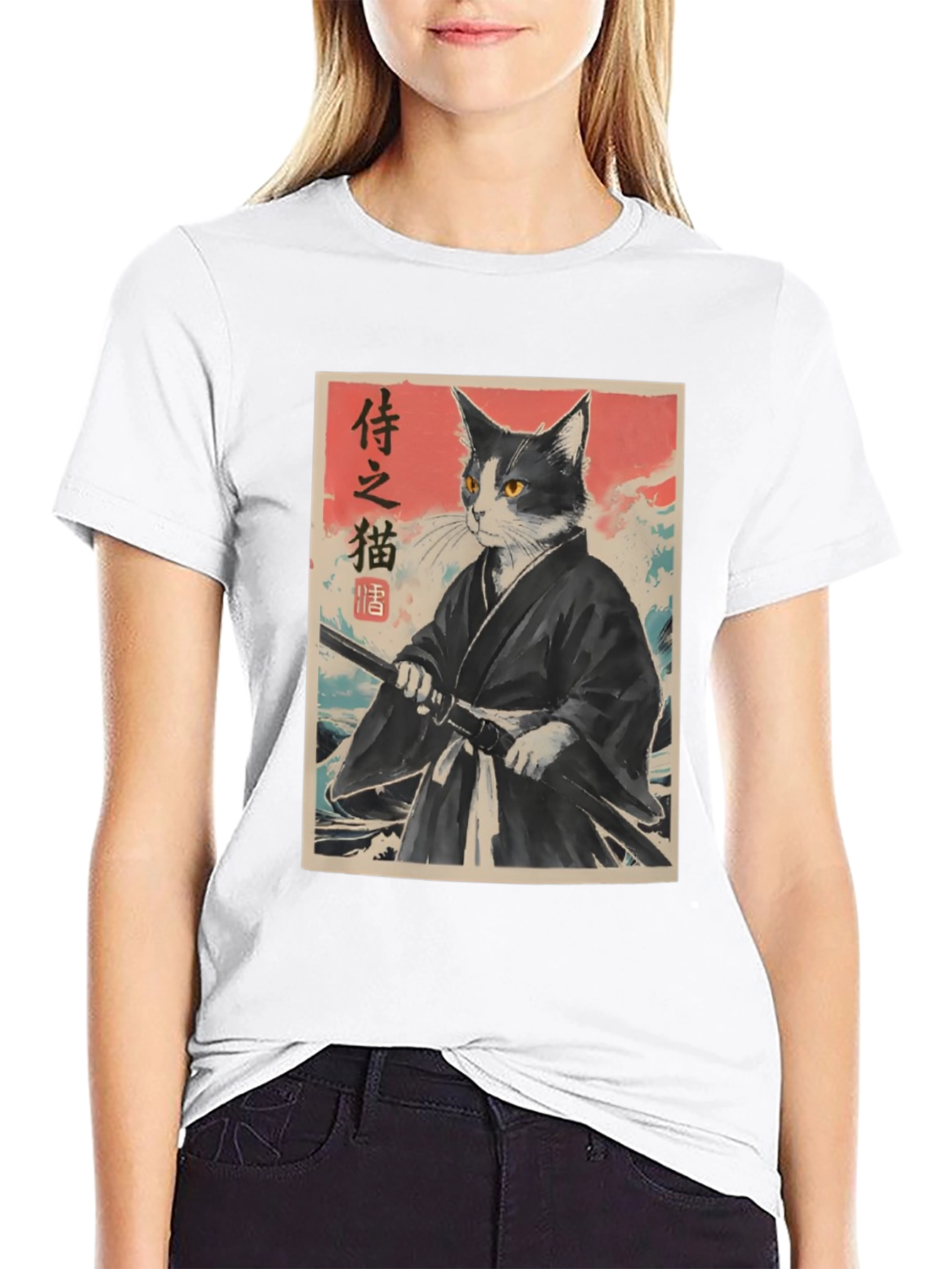Samurai Cat Graphic Tee - Japanese Art Shirt
