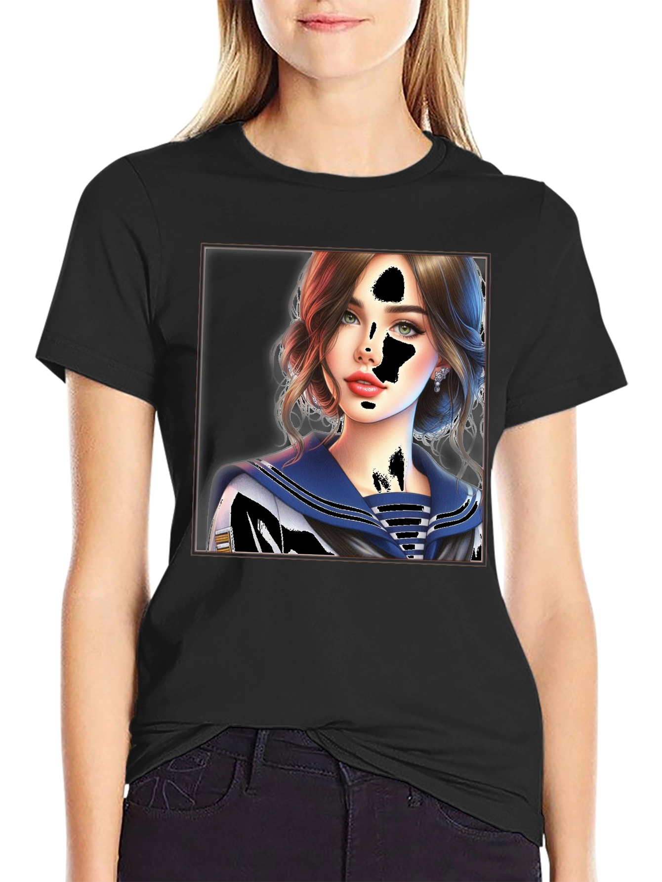 Sailor Girl Graphic Print Black T-Shirt