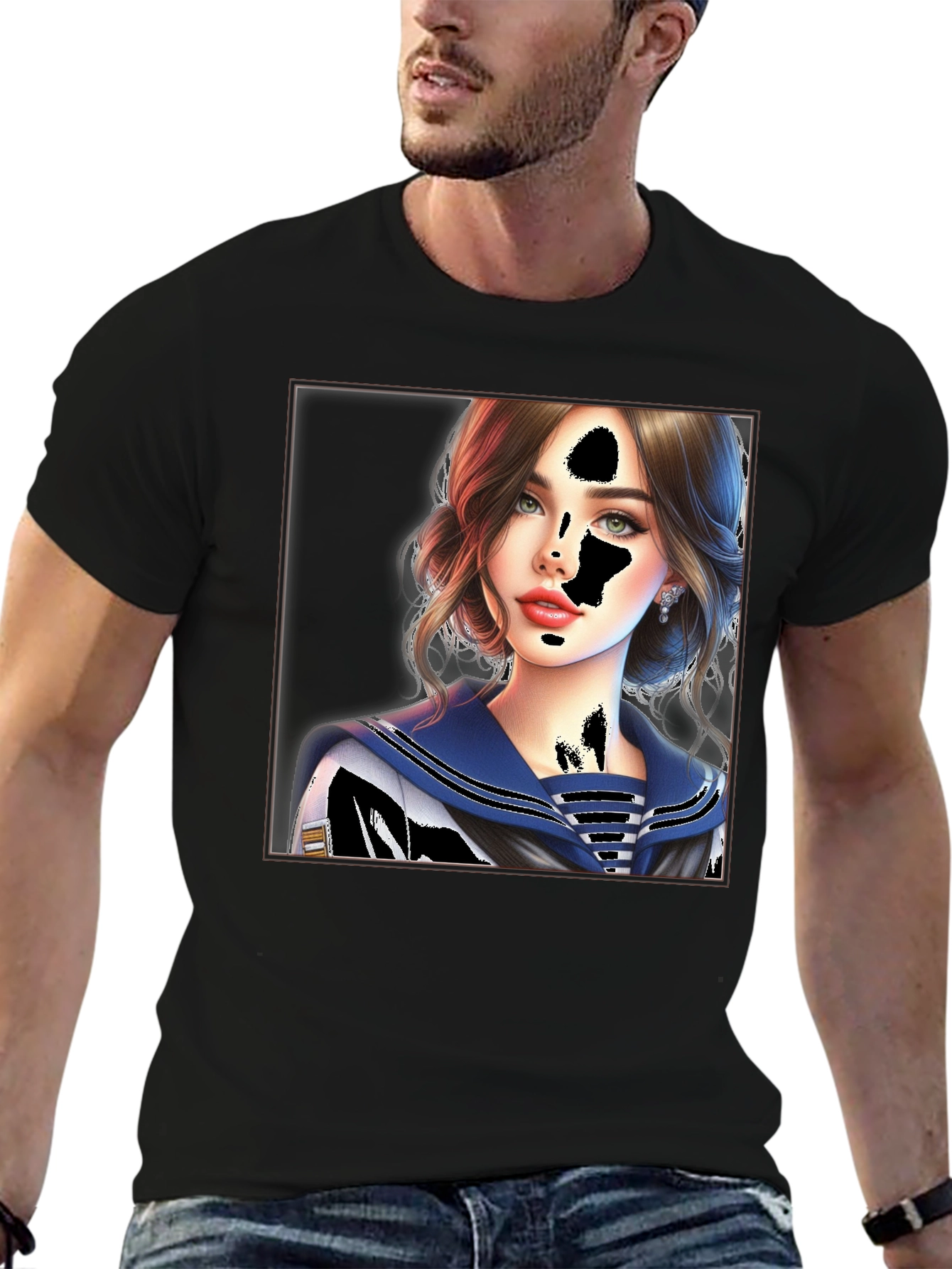 Sailor Girl Graphic Print Black T-Shirt