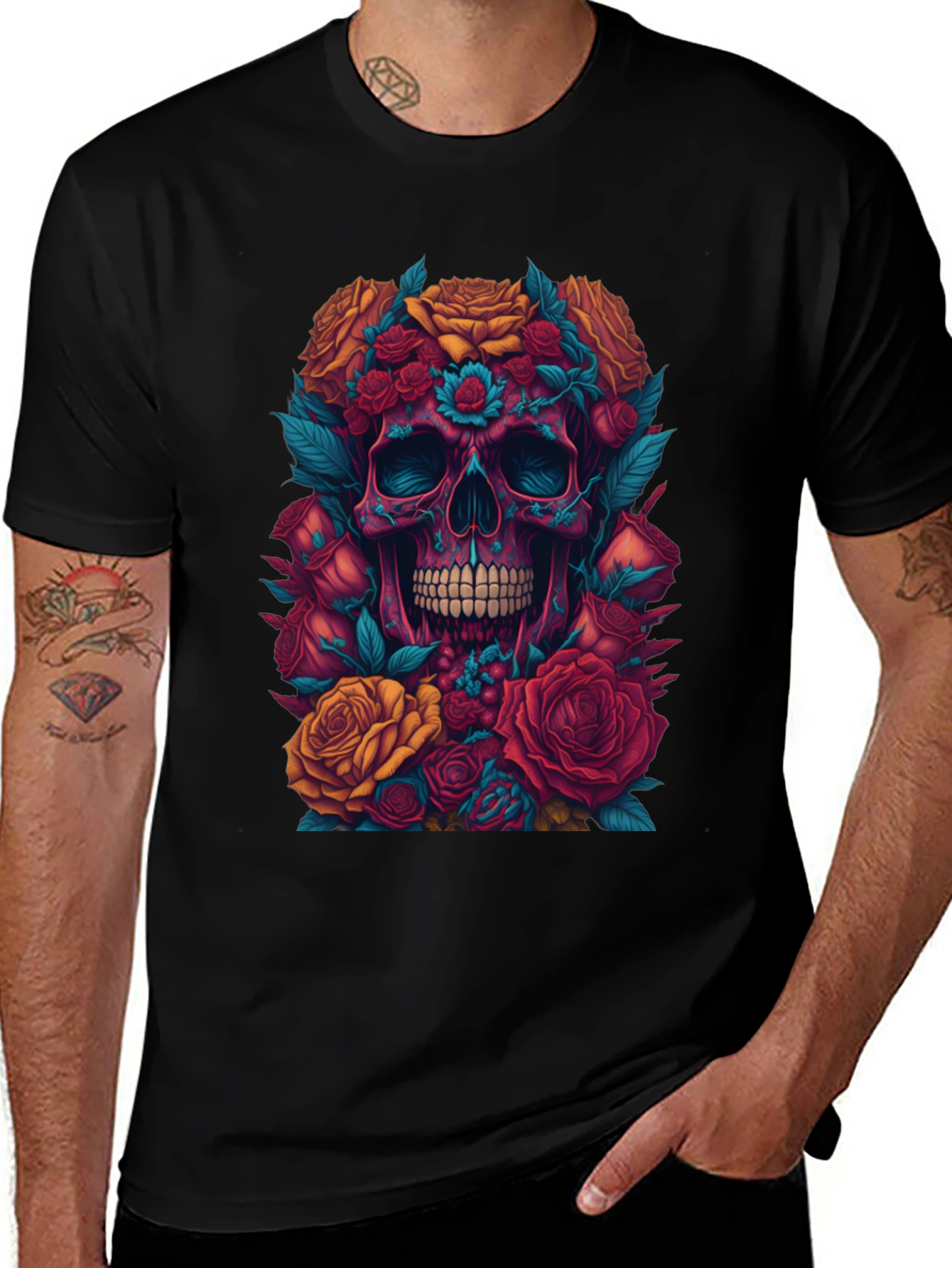 Floral Skull Graphic Tee - Unique Art Shirt