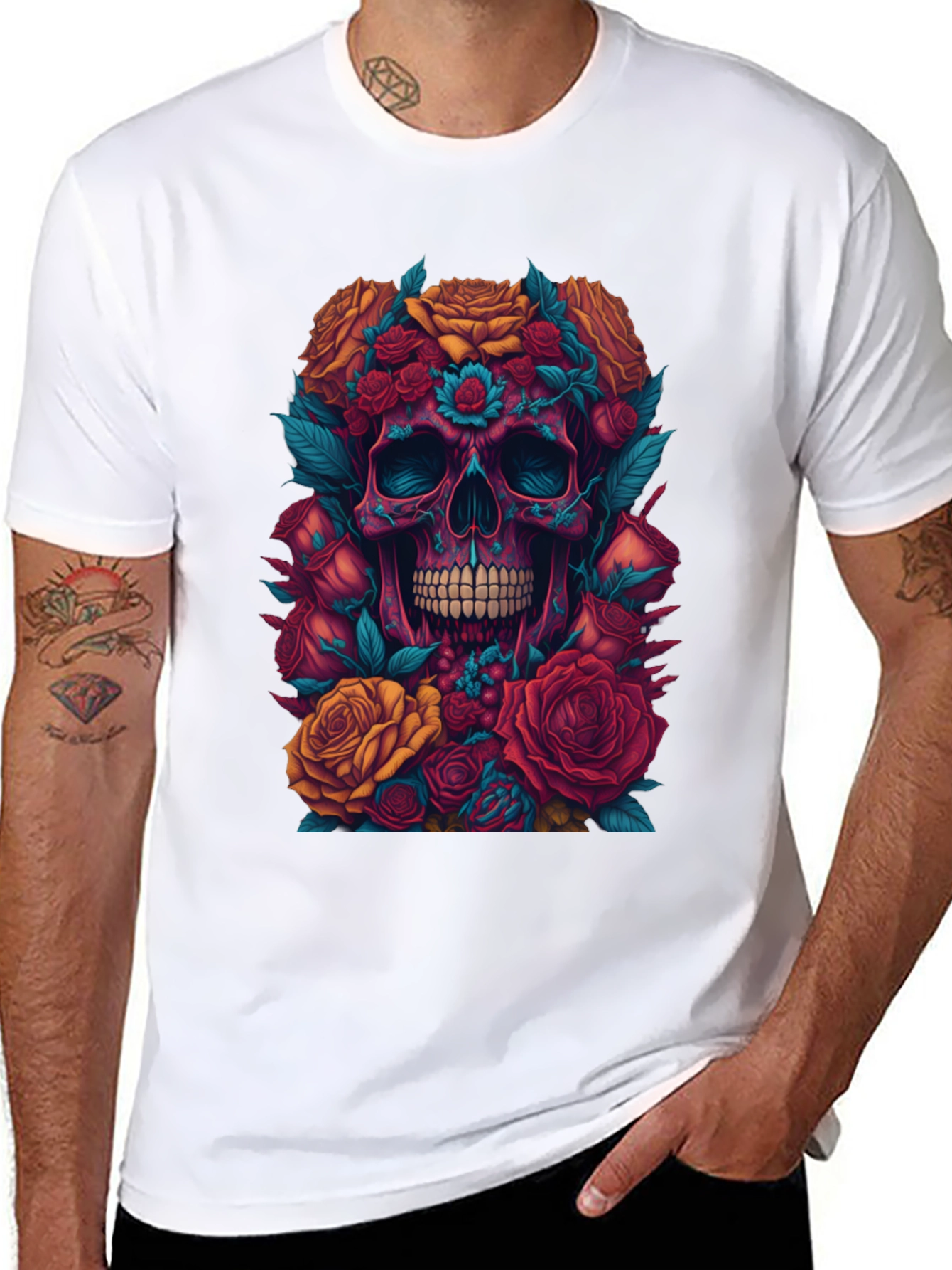 Floral Skull Graphic Tee - Unique Art Shirt